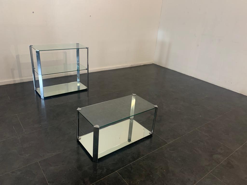 Set von 2 Couchtisch und kleinem Schrank aus Kristall und Stahl für das Wohnzimmer, 1970er Jahre (Ende des 20. Jahrhunderts) im Angebot