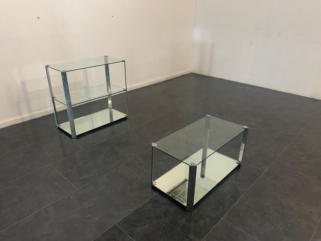 Crystal and Steel Coffee Table and Small Cabinet for Living Room 1970s, Set of 2 For Sale 1