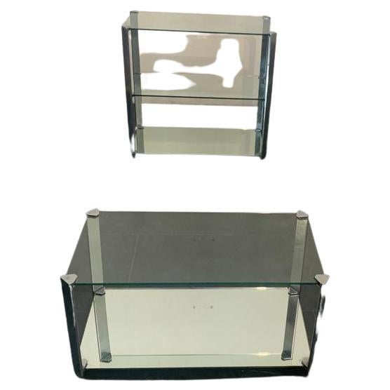 Crystal and Steel Coffee Table and Small Cabinet for Living Room 1970s, Set of 2