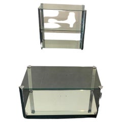 Vintage Crystal and Steel Coffee Table and Small Cabinet for Living Room 1970s, Set of 2