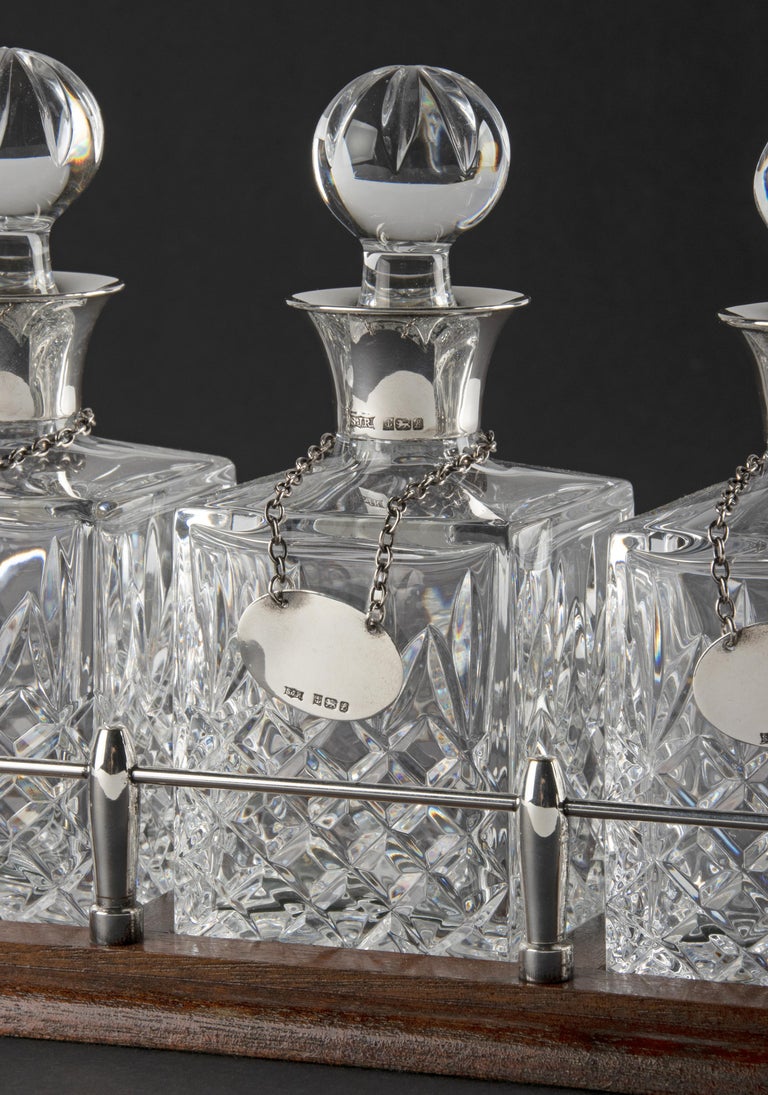 Crystal Decanters, Sterling Silver Bar Set on a Rack Hallmarked