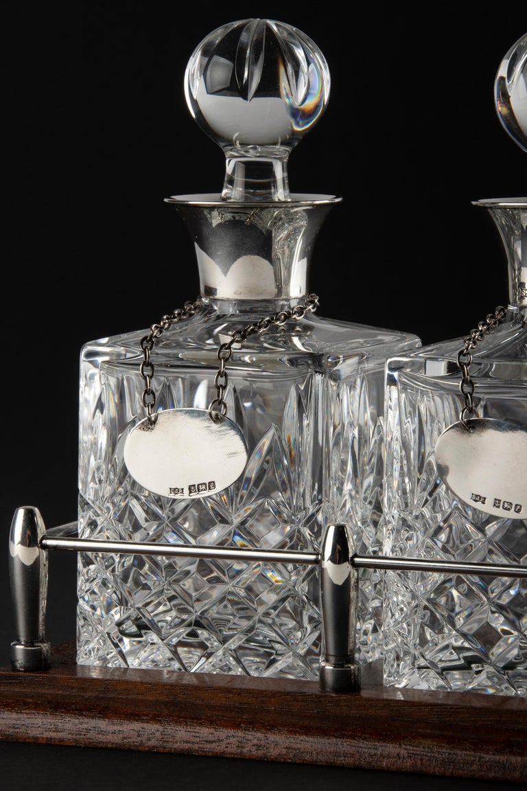 Crystal Decanters, Sterling Silver Bar Set on a Rack Hallmarked