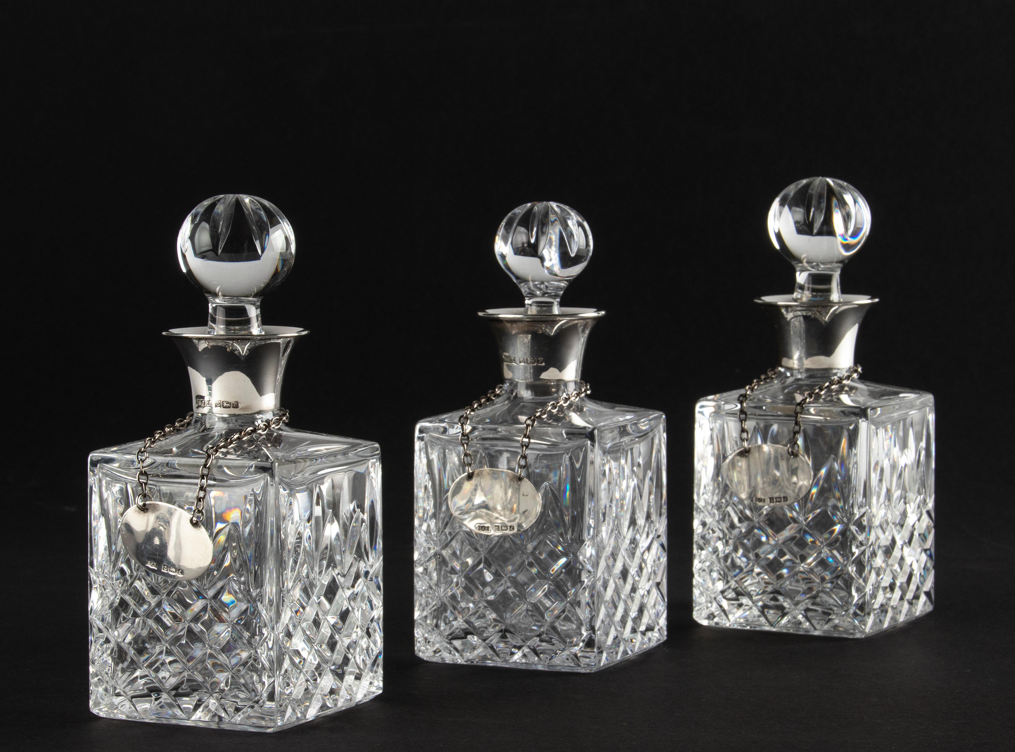 Late 20th Century Crystal Decanters, Sterling Silver Bar Set on a Rack Hallmarked Birmingham 1985 For Sale