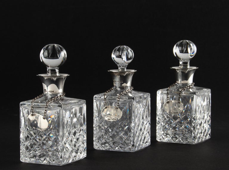 Crystal Decanters, Sterling Silver Bar Set on a Rack Hallmarked