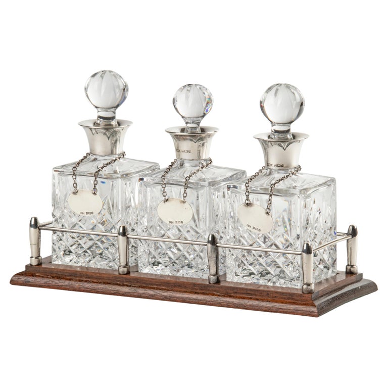 Crystal Decanters, Sterling Silver Bar Set on a Rack Hallmarked