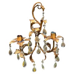 Crystal and Tole Metal Gold 2 Arm Candlestick Wall Sconce - Italy