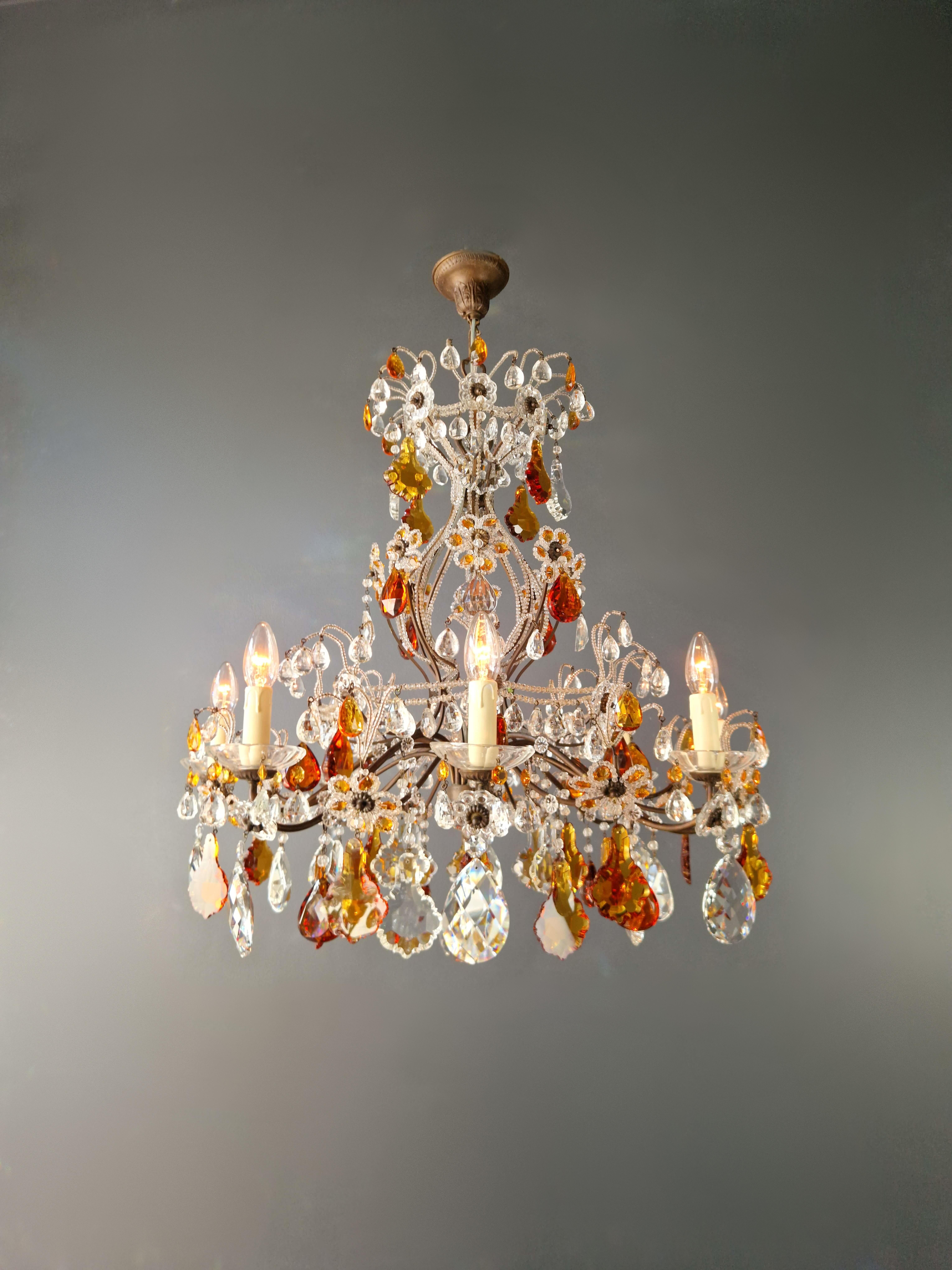Italian Crystal Antique Chandelier Ceiling Lustre Art Nouveau Florentiner Amber color For Sale