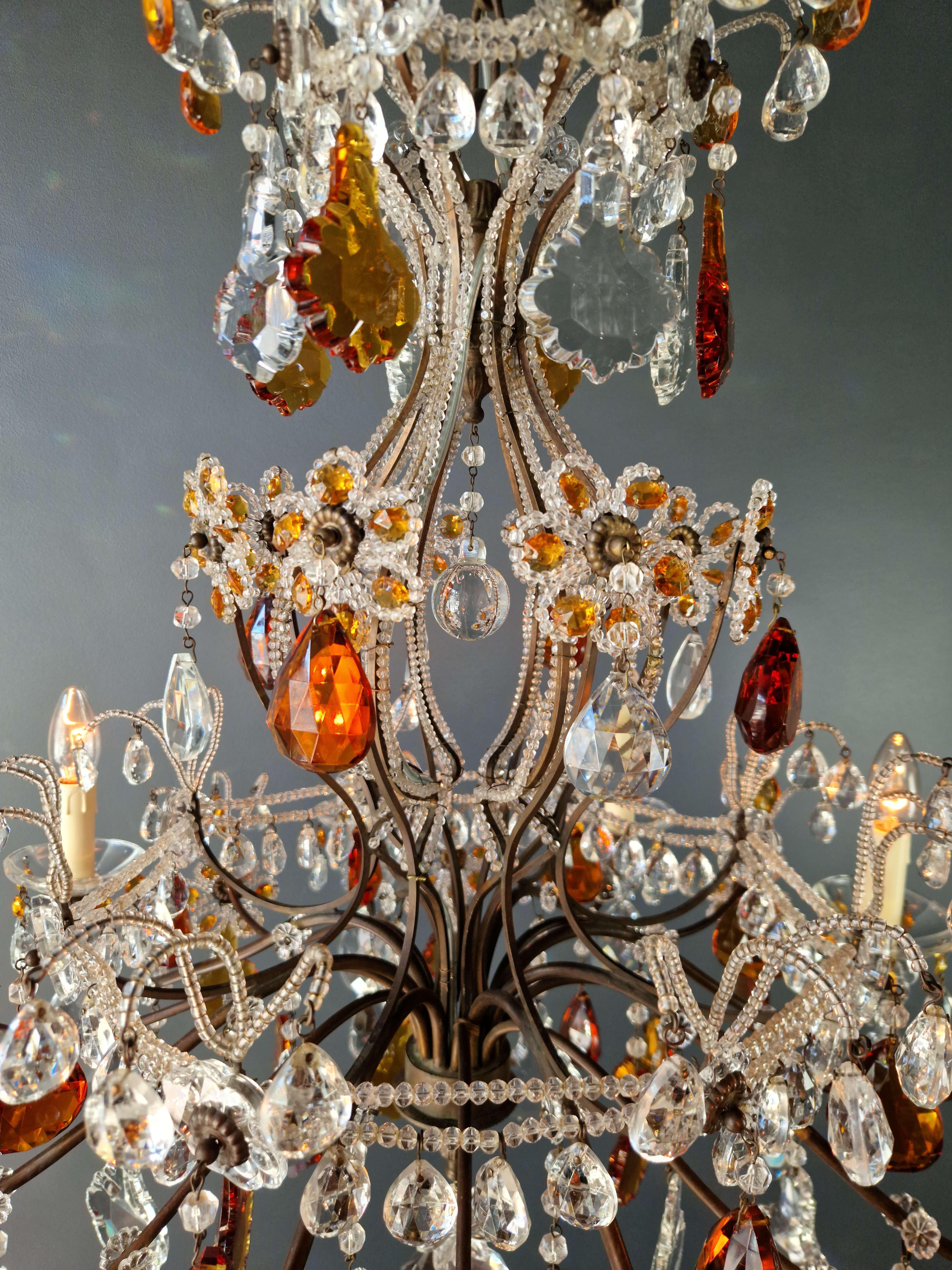 Hand-Knotted Crystal Antique Chandelier Ceiling Lustre Art Nouveau Florentiner Amber color For Sale