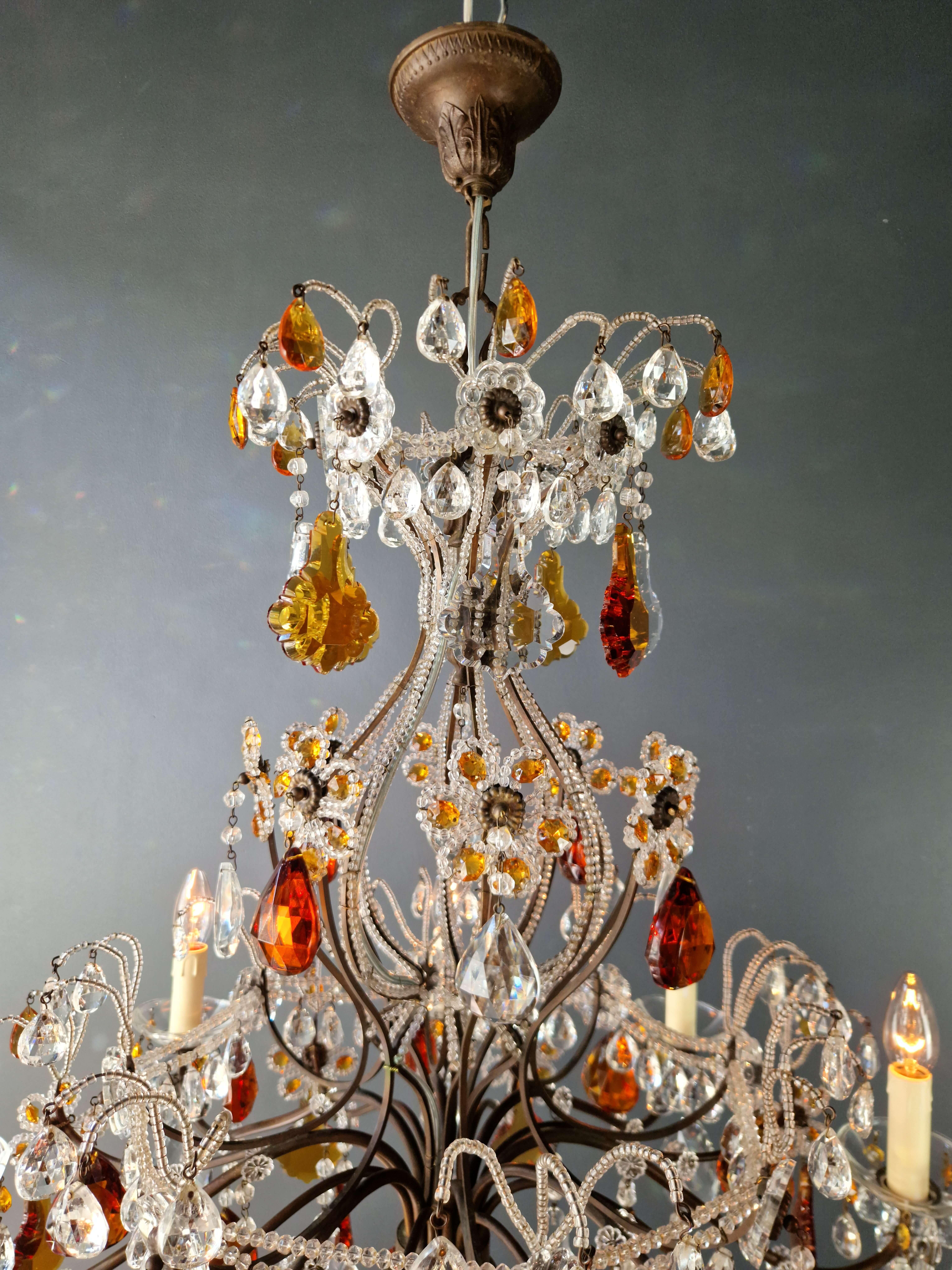 Metà XX secolo Lampadario da soffitto in cristallo antico a lustro Art Nouveau Florentine colore ambra