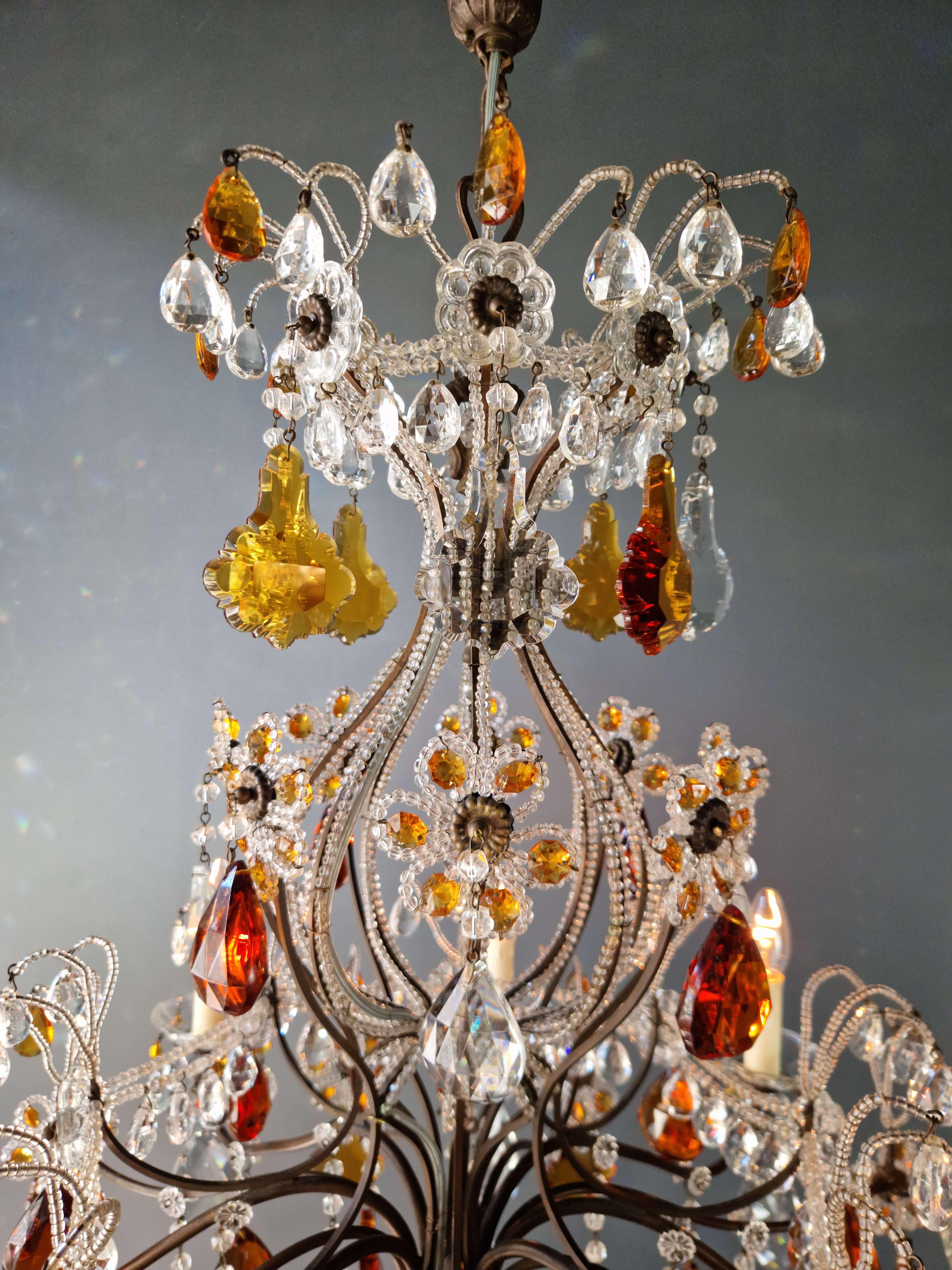 Brass Crystal Antique Chandelier Ceiling Lustre Art Nouveau Florentiner Amber color For Sale
