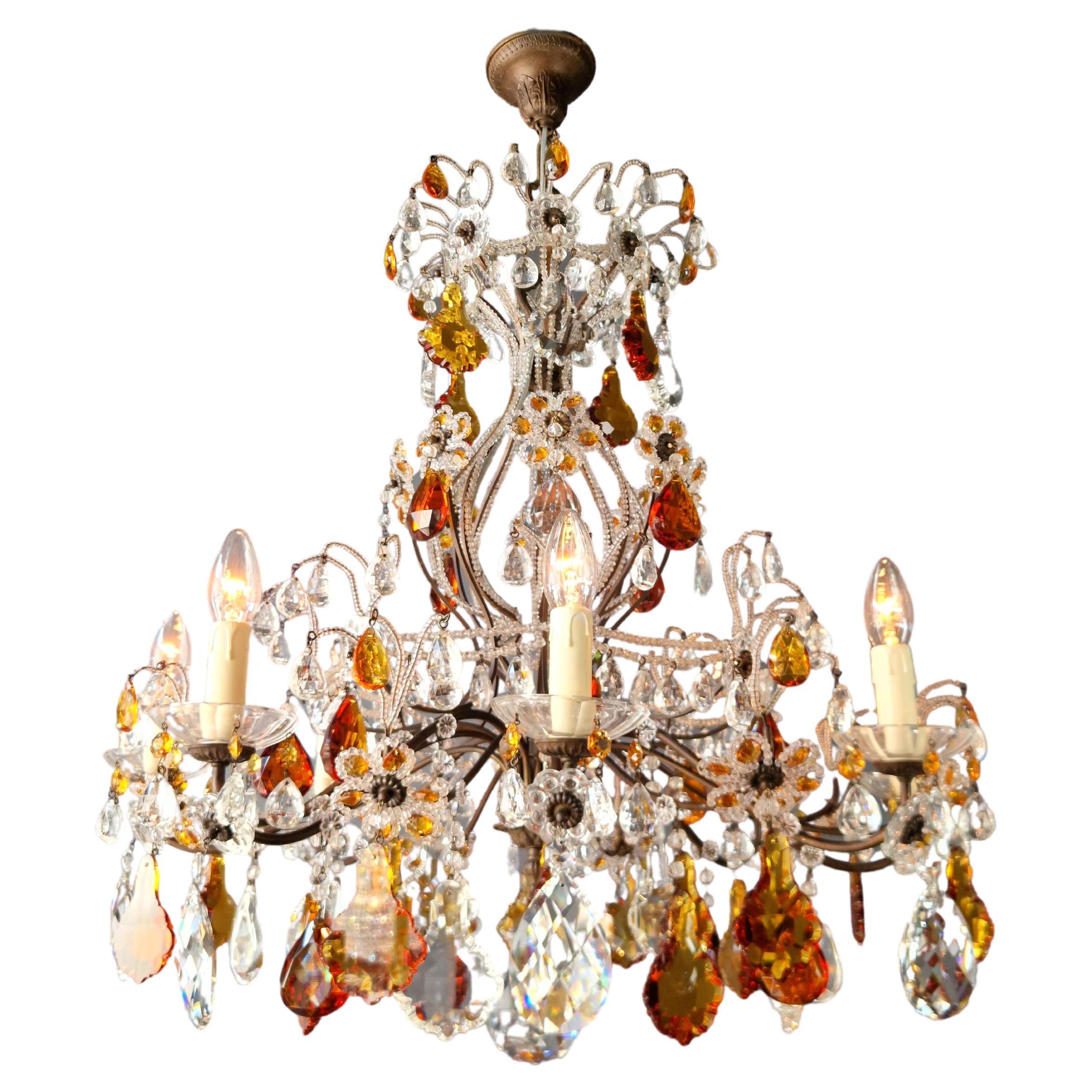 Crystal Antique Chandelier Ceiling Lustre Art Nouveau Florentiner Amber color For Sale