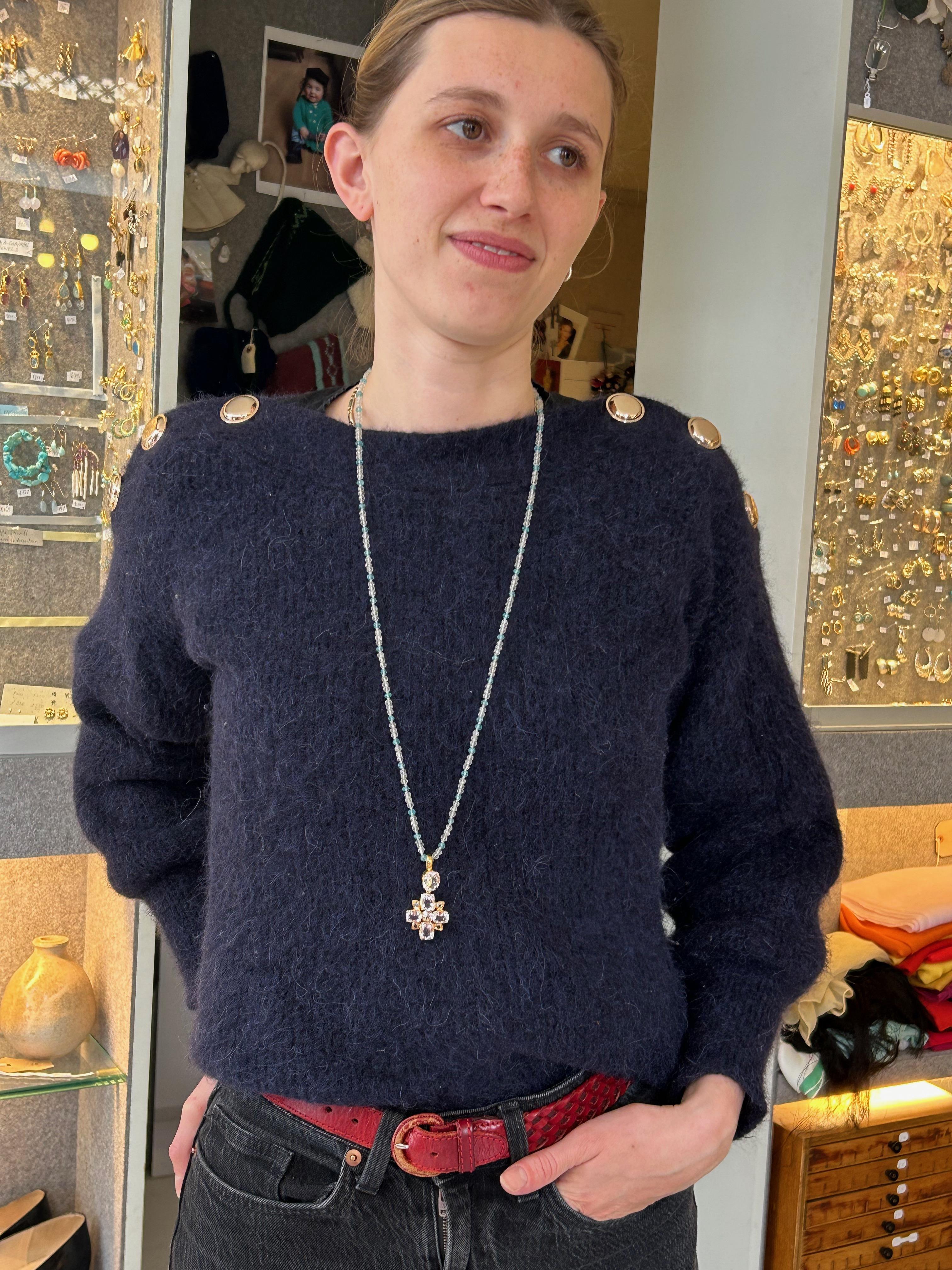 Emma Chapman Crystal Aquamarine Gold Plate Cross Pendant In New Condition For Sale In Frome, Somerset
