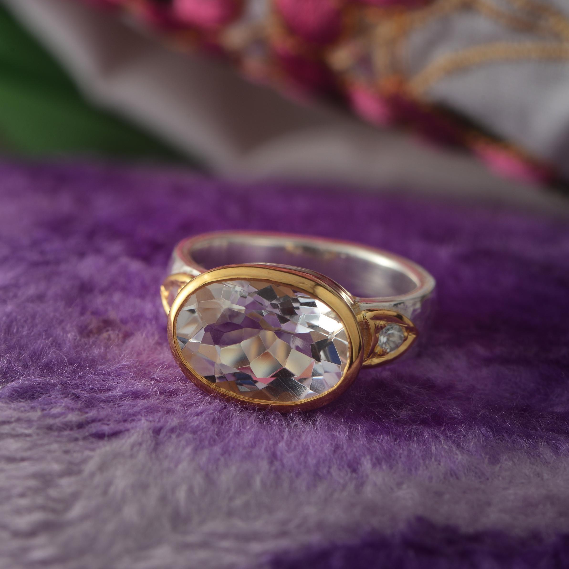 Taglio smeraldo Anello con cristallo e acquamarina in argento e placca d'oro in vendita