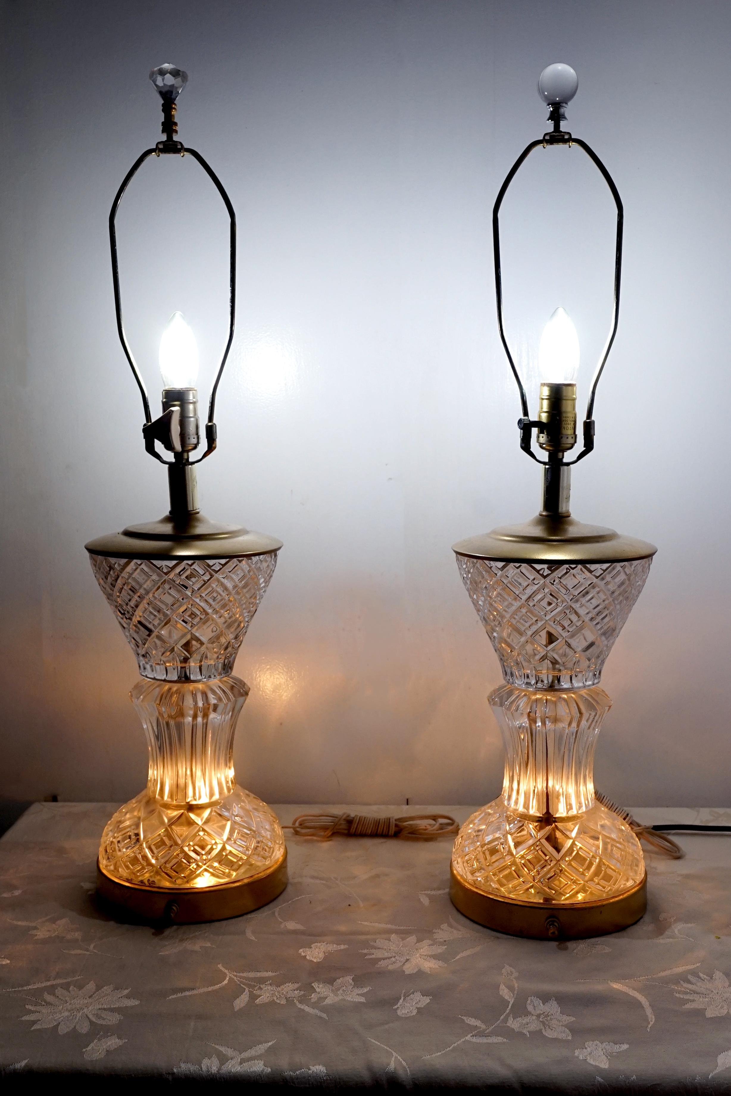 French Crystal Art Deco Trumpet Style Pair of Table Lamps circa 1925 For Sale