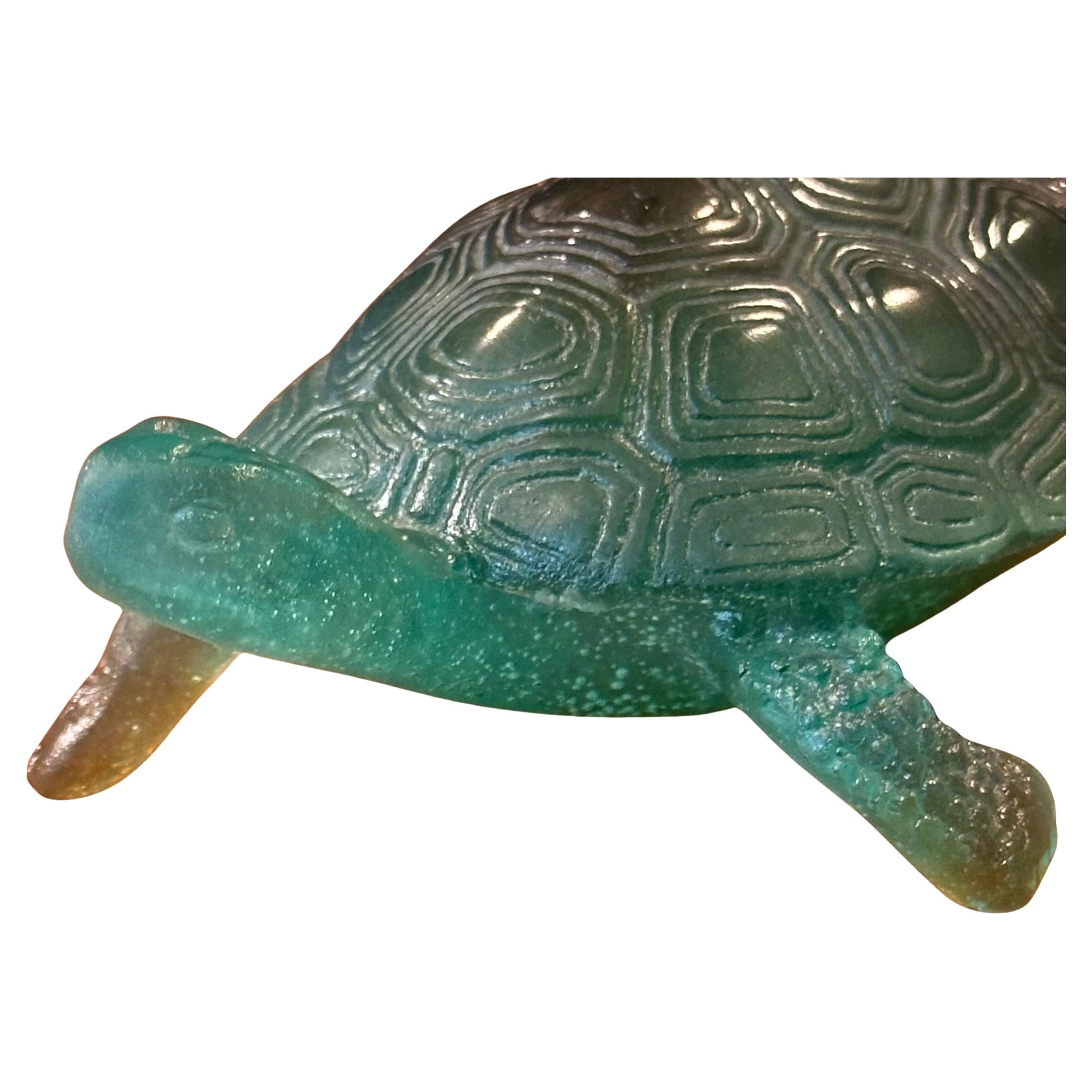 Mid-Century Modern Crystal Art Glass Pâte de Verre Green Turtle Sculpture by Daum of France For Sale