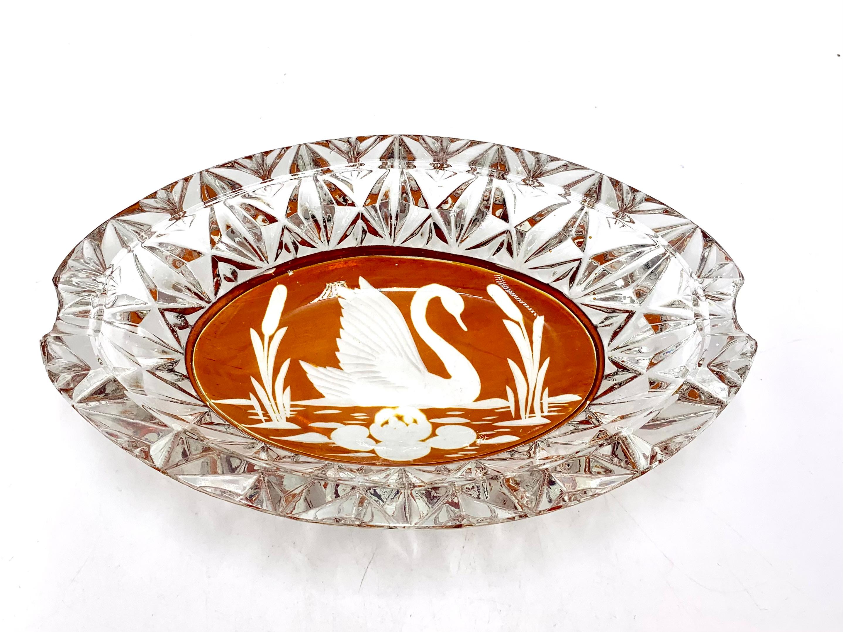 Polish Crystal Ashtray with Swan, Julia Glassworks, Poland, 1960s For Sale