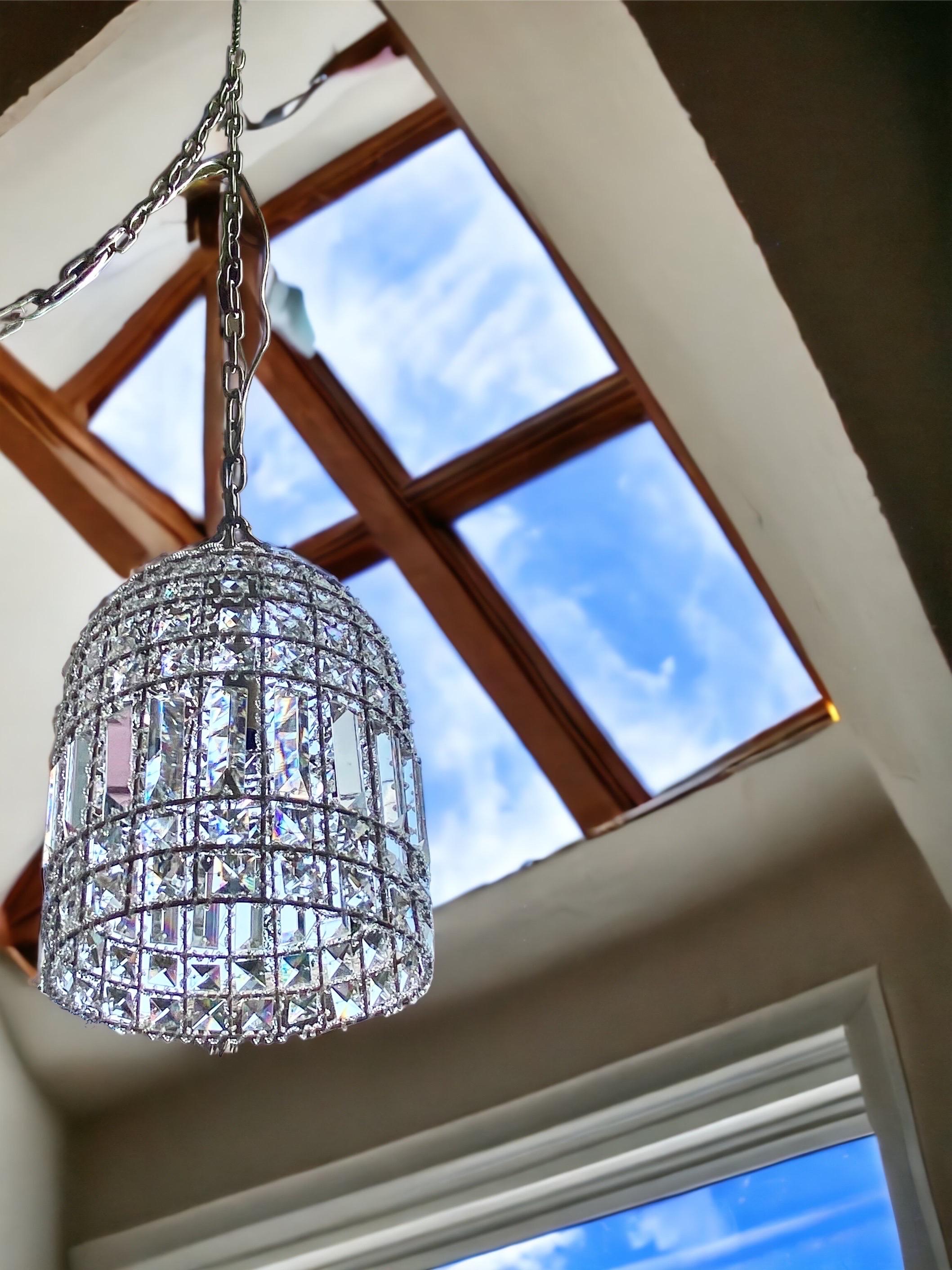 Chinese Crystal Baguette And Gold Wirework Chandelier 