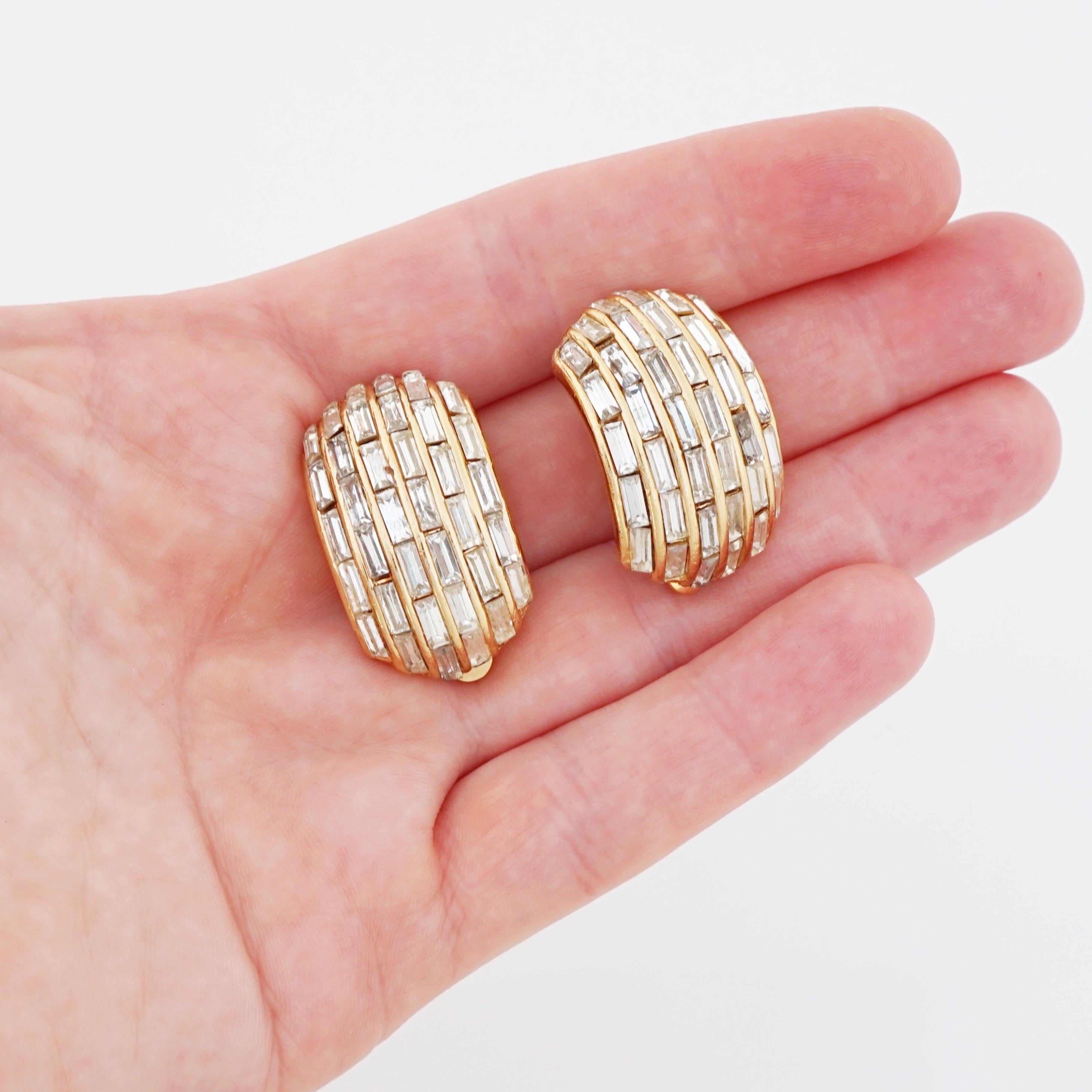 Modern Crystal Baguette Pavé Chunky Half Hoop Earrings By Ciner, 1970s