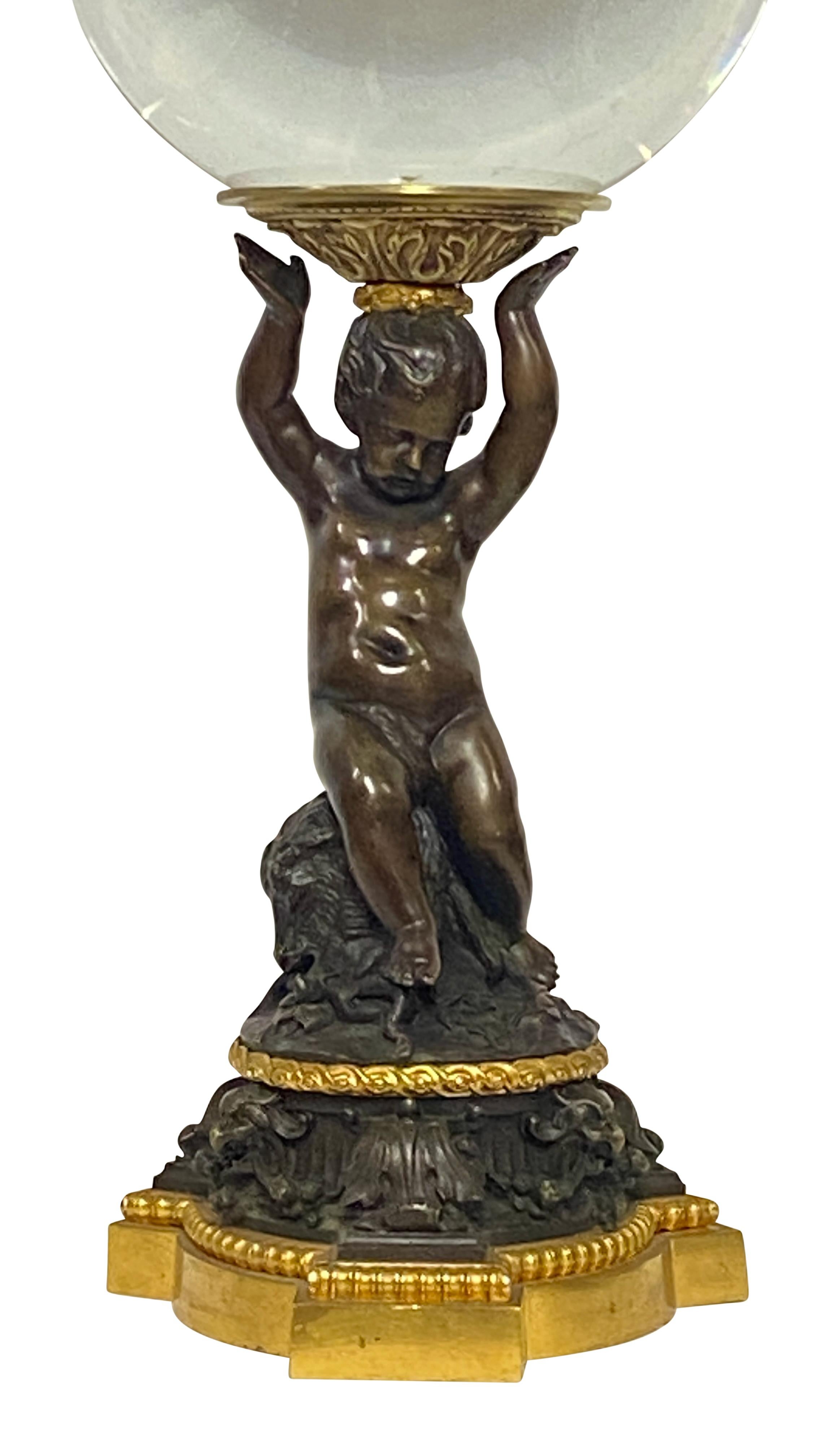 European Crystal Ball on a 19th Century French Bronze Cherub Stand For Sale
