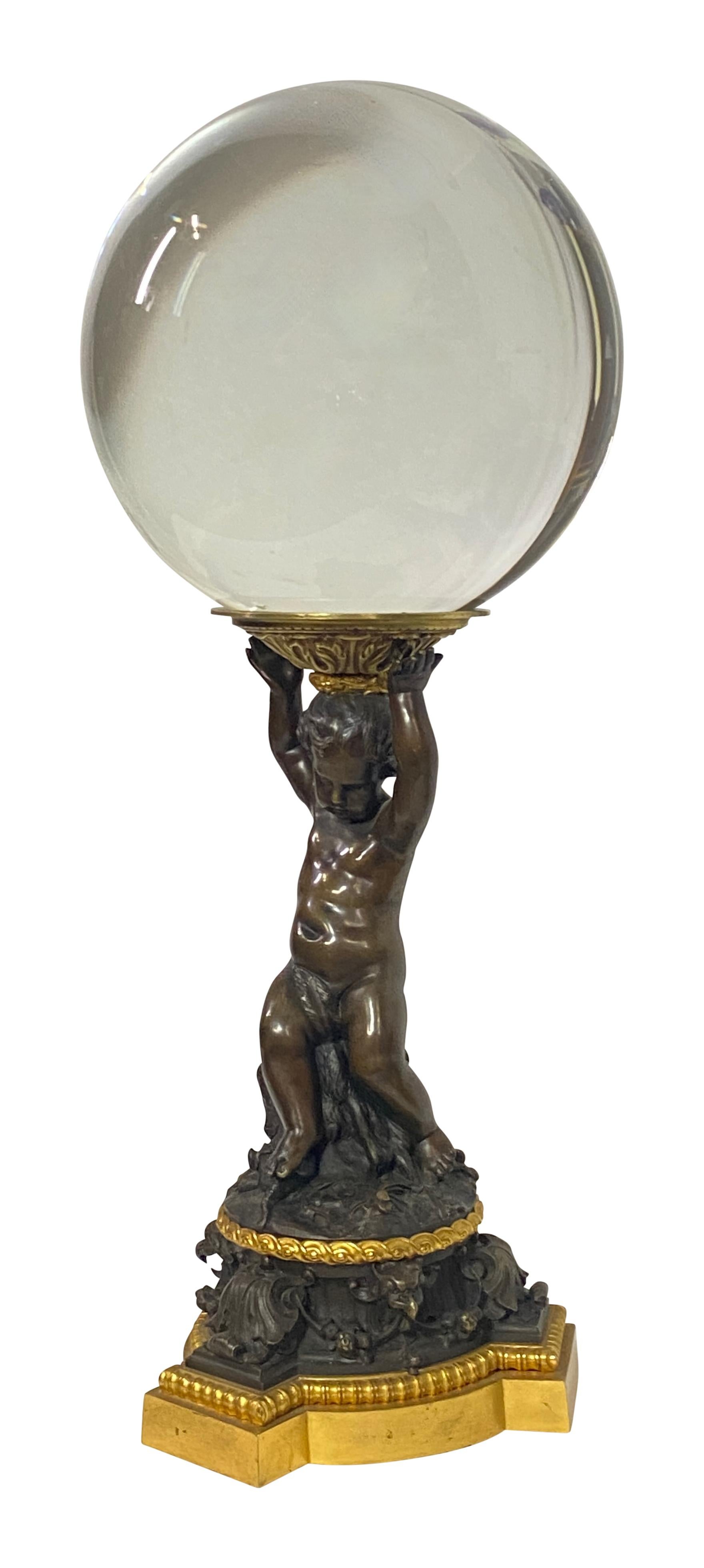 Crystal Ball on a 19th Century French Bronze Cherub Stand In Good Condition For Sale In San Francisco, CA