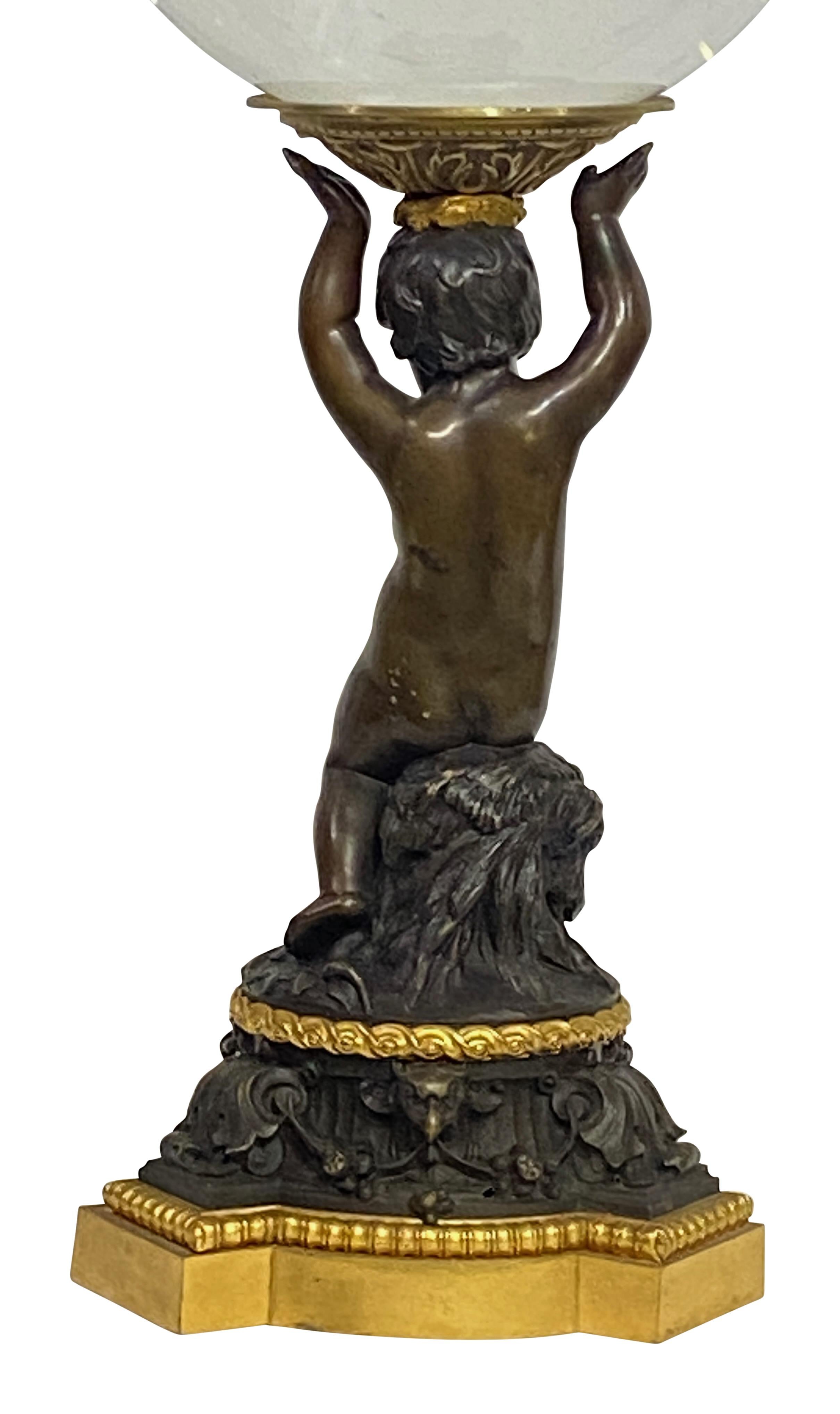 Bronze Ball and Ball en cristal sur un Stand de chérubin en bronze français du 19ème siècle en vente