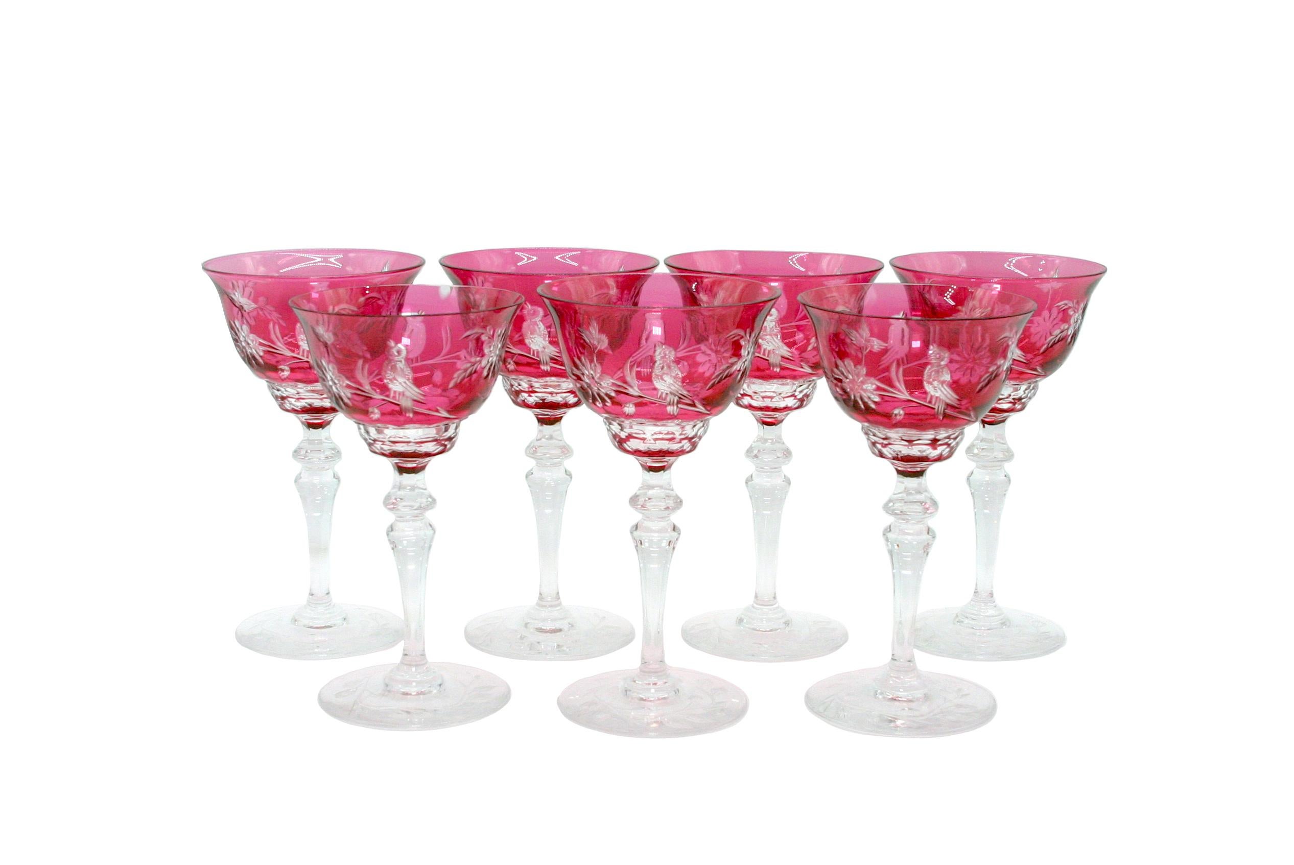 Val Saint Lambert barware / tableware cranberry crystal service for 8 people. Val crystal is regarded as some of the most magnificent ever made and renowned for their exquisite color. This specific pattern, a variant of their renowned 