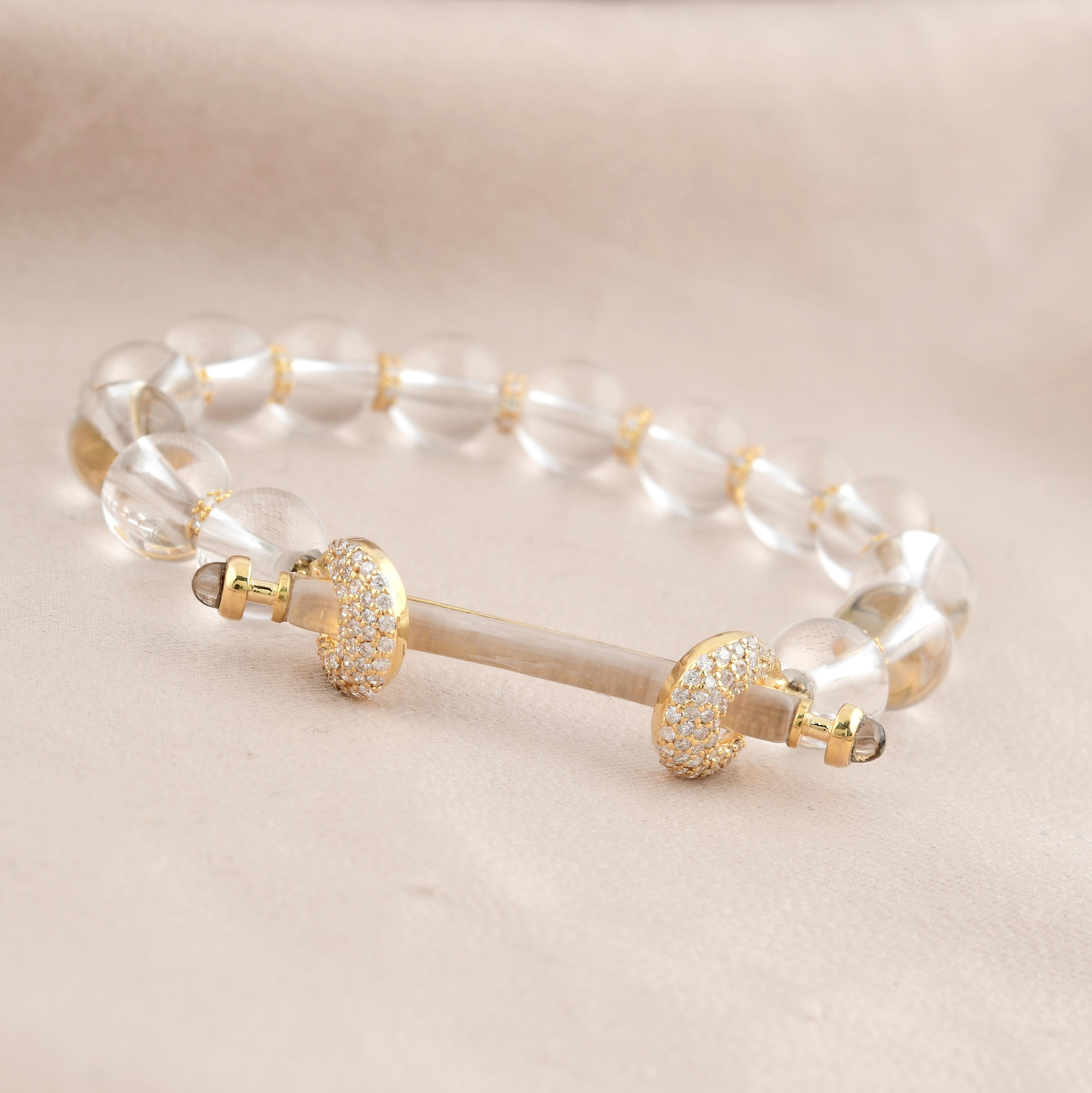 Modern Crystal Bead Ball Bracelet Pave Diamond 18 Karat Yellow Gold Handmade Jewelry For Sale