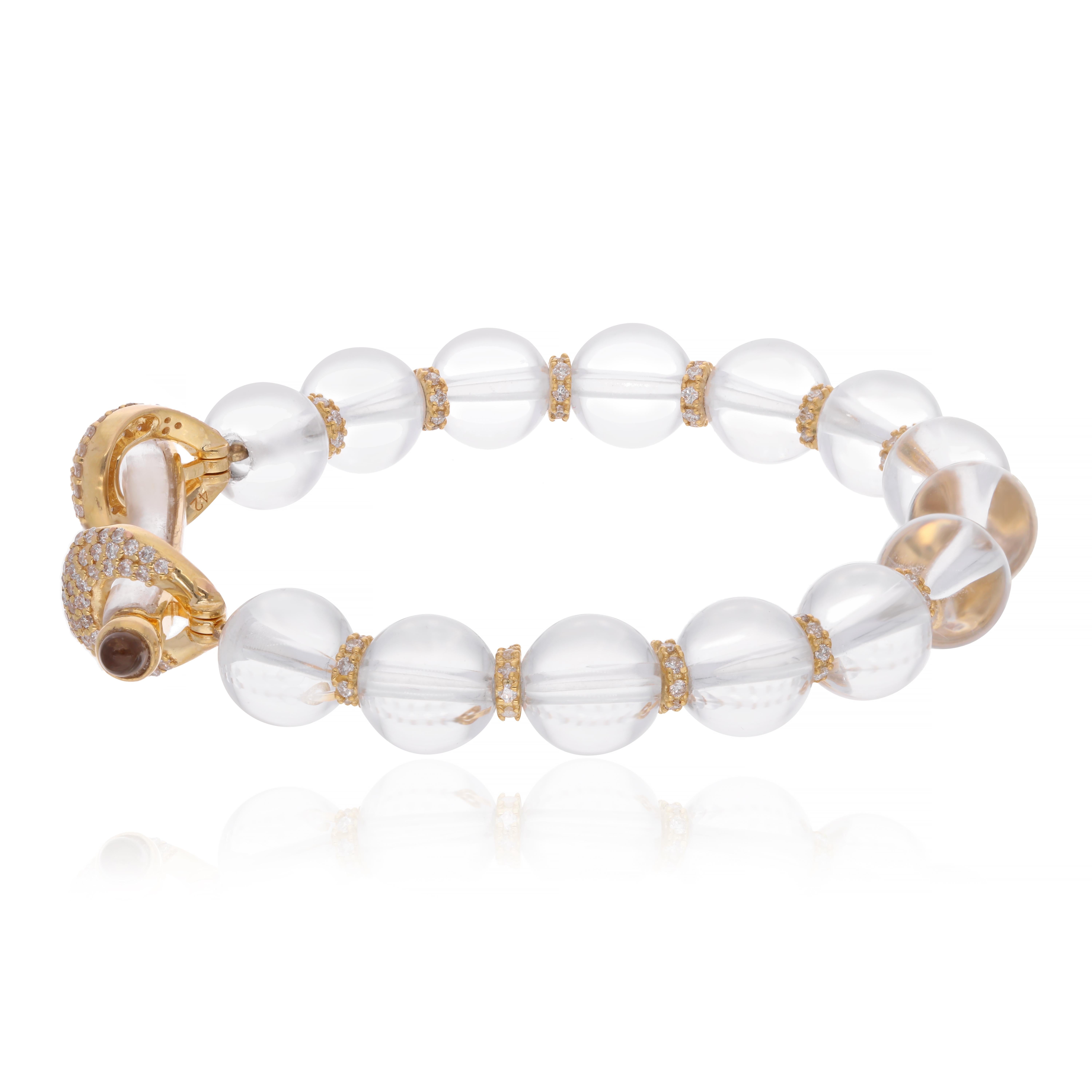 Women's Crystal Bead Ball Bracelet Pave Diamond 18 Karat Yellow Gold Handmade Jewelry For Sale