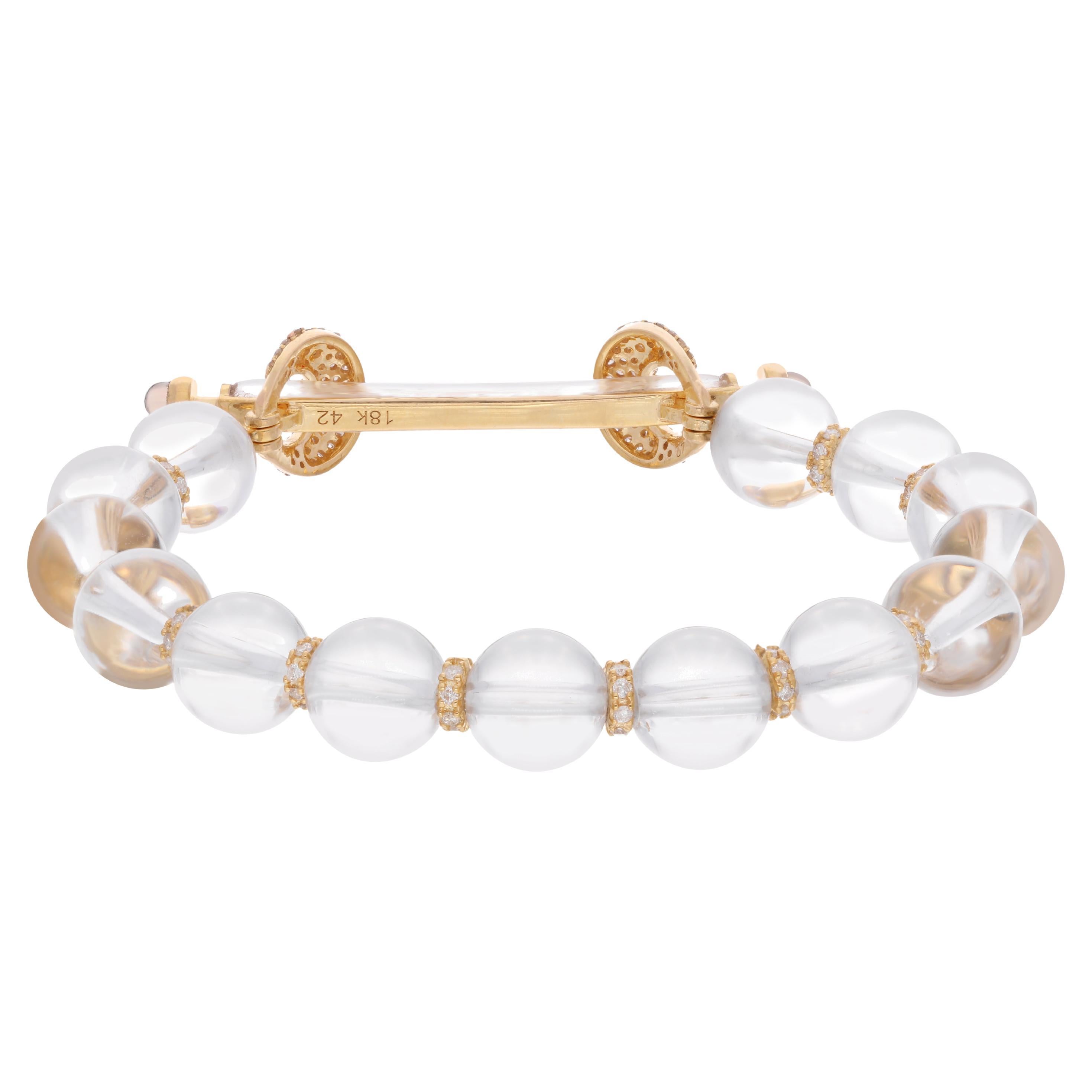 Crystal Bead Ball Bracelet Pave Diamond 18 Karat Yellow Gold Handmade Jewelry For Sale