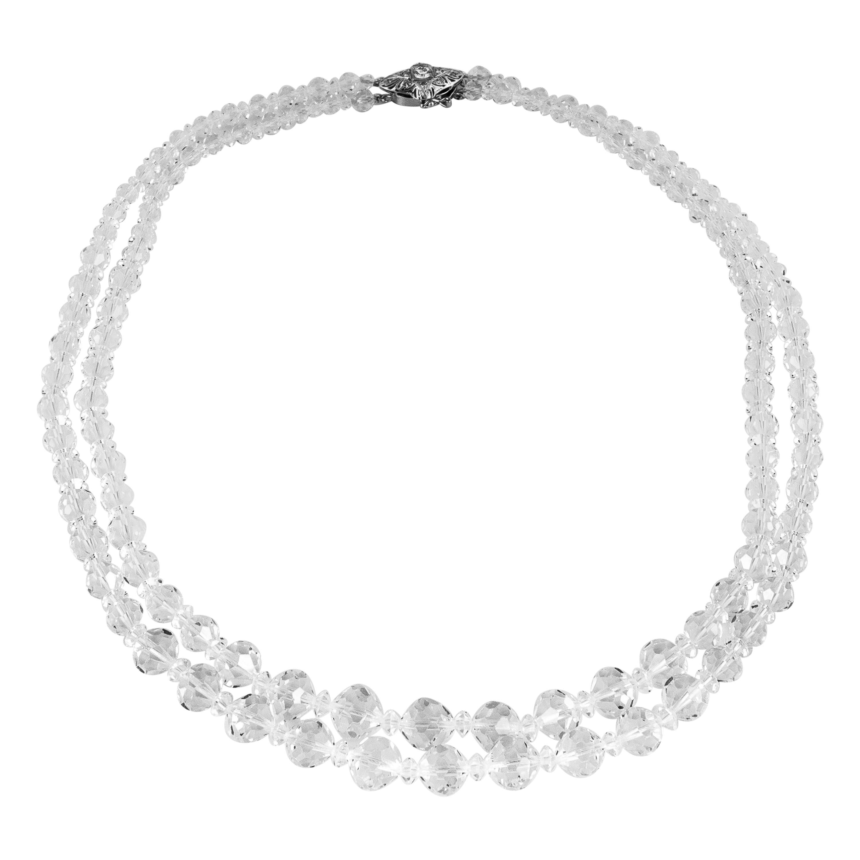 Crystal Bead Double Strand Necklace with Platinum/14 Karat Diamond Clasp