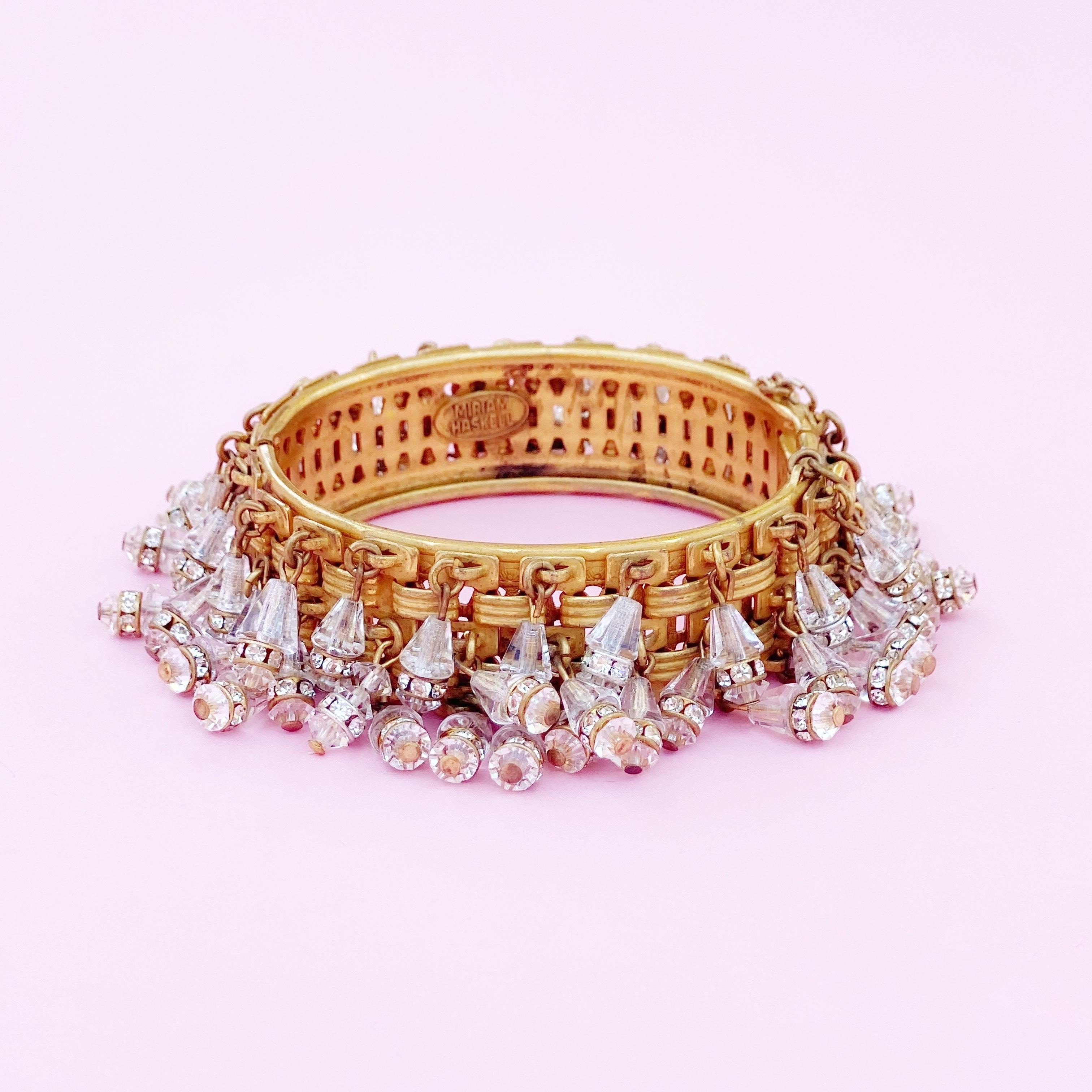 Crystal Bead Woven Dangle Bangle By Miriam Haskell, 1950s In Good Condition In McKinney, TX