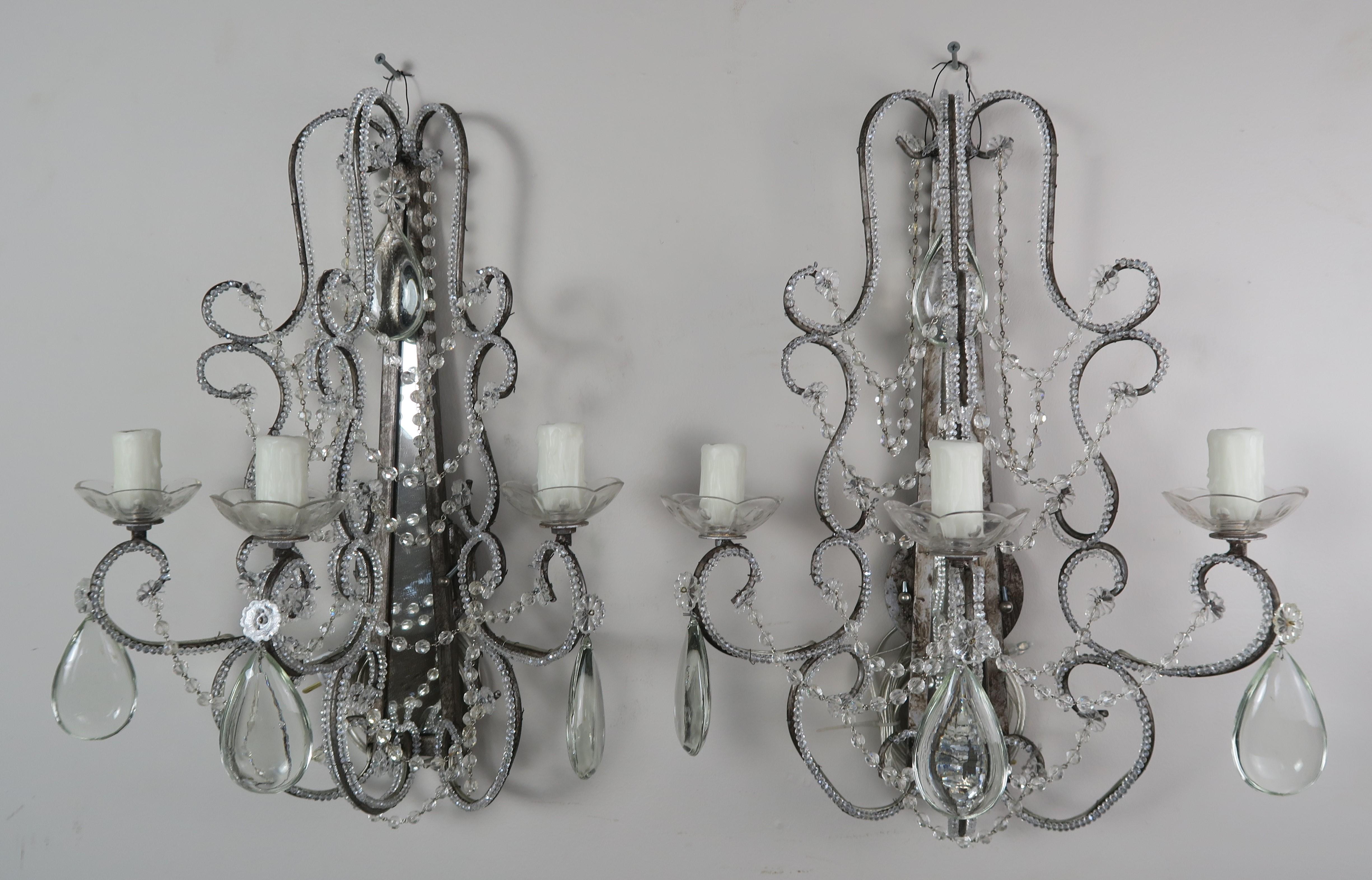 Crystal Beaded 3-Light Mirrored Sconces, Pair 5