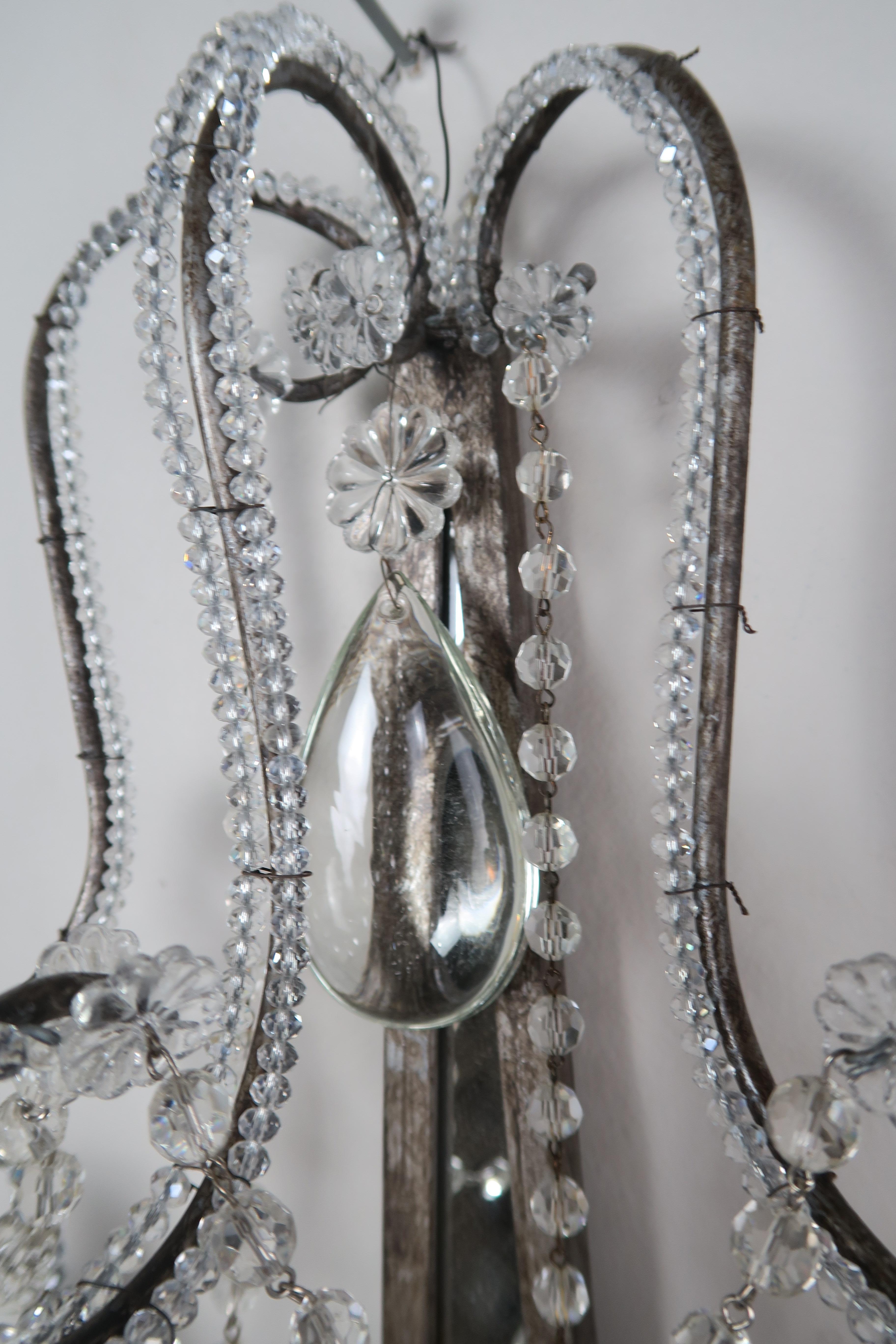 Rococo Crystal Beaded 3-Light Mirrored Sconces, Pair