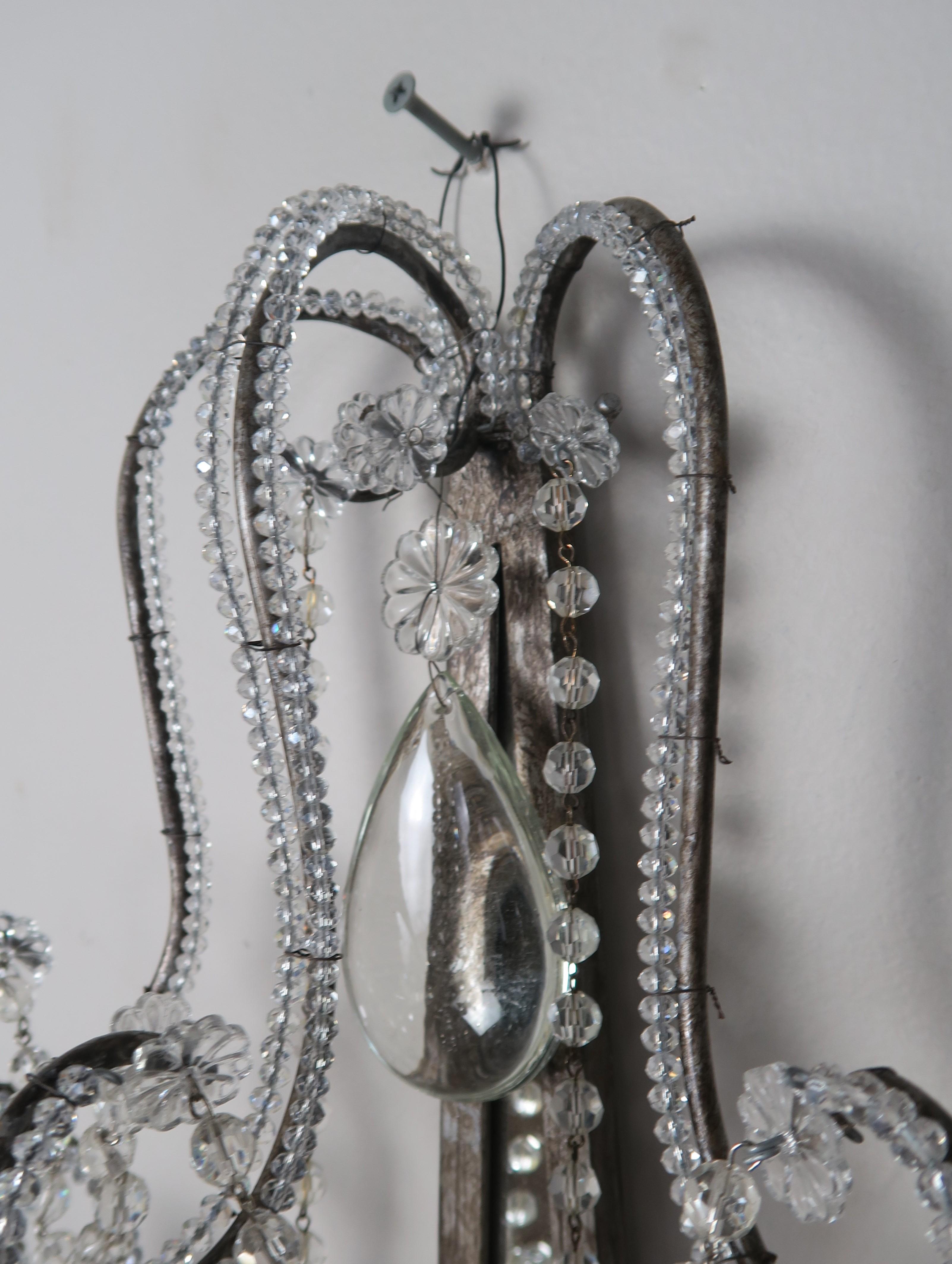 Italian Crystal Beaded 3-Light Mirrored Sconces, Pair