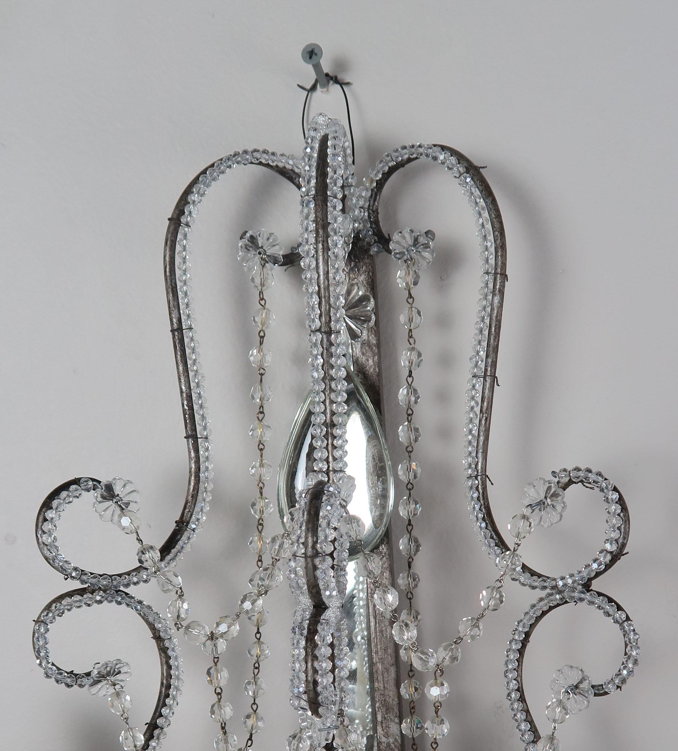 Crystal Beaded 3-Light Mirrored Sconces, Pair In Distressed Condition In Los Angeles, CA