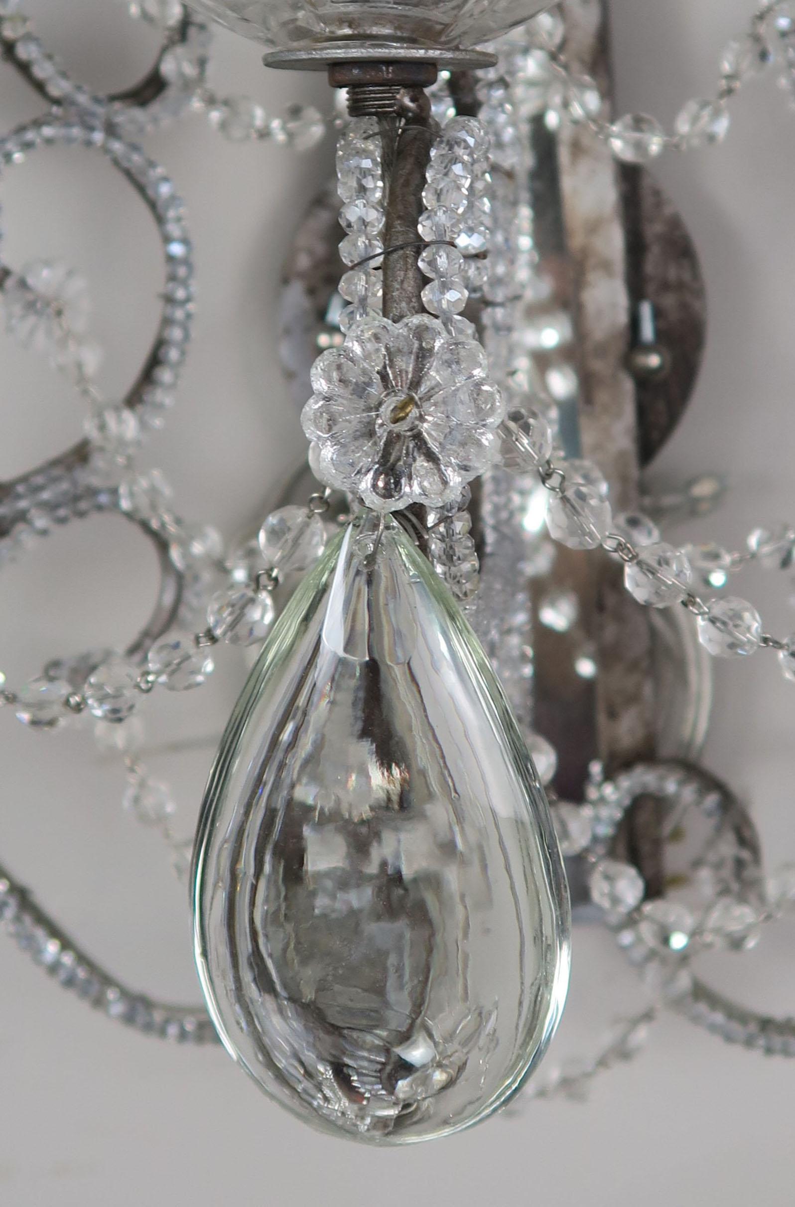 20th Century Crystal Beaded 3-Light Mirrored Sconces, Pair