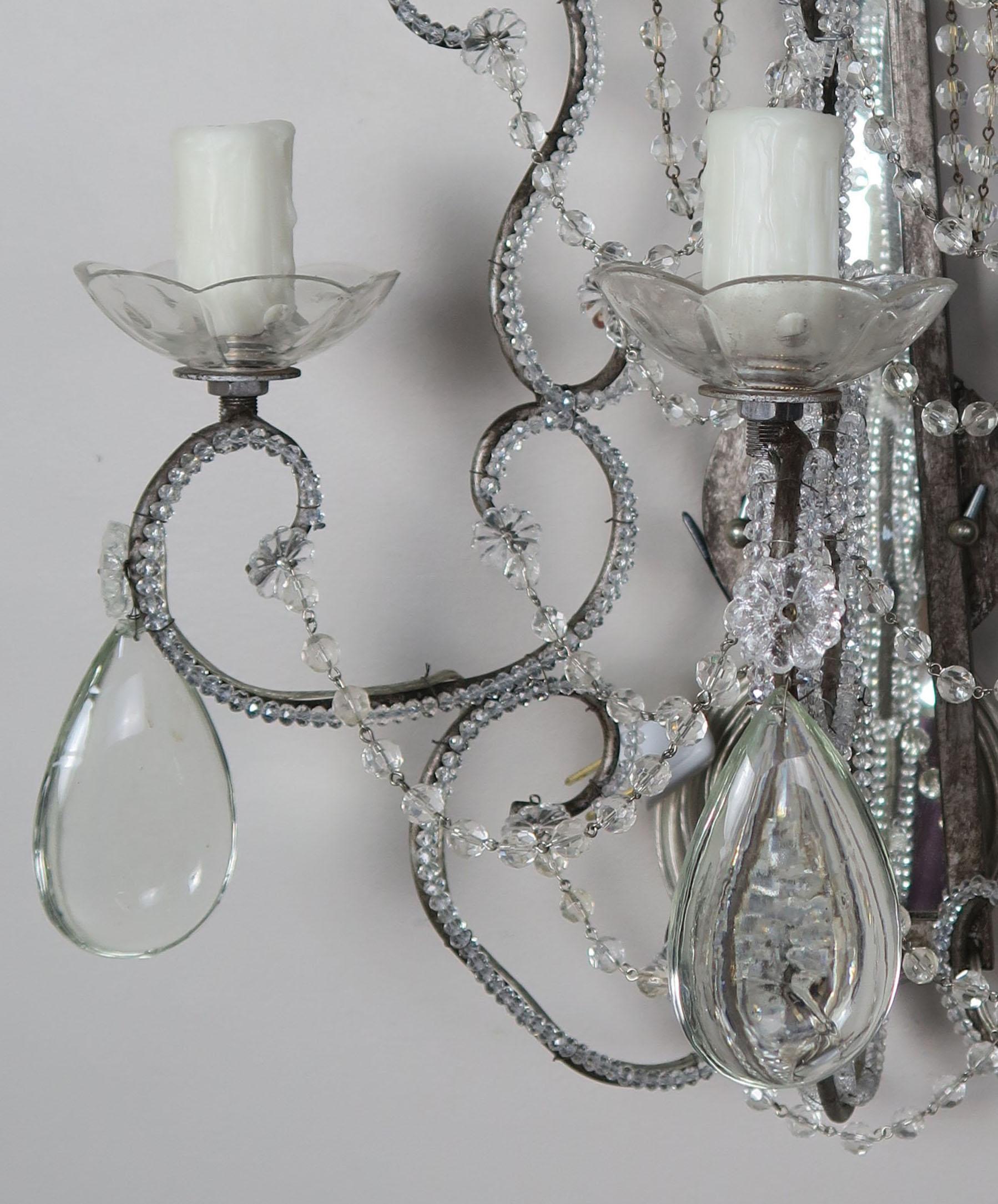 Crystal Beaded 3-Light Mirrored Sconces, Pair 1