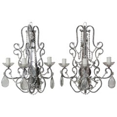 Crystal Beaded 3-Light Mirrored Sconces, Pair
