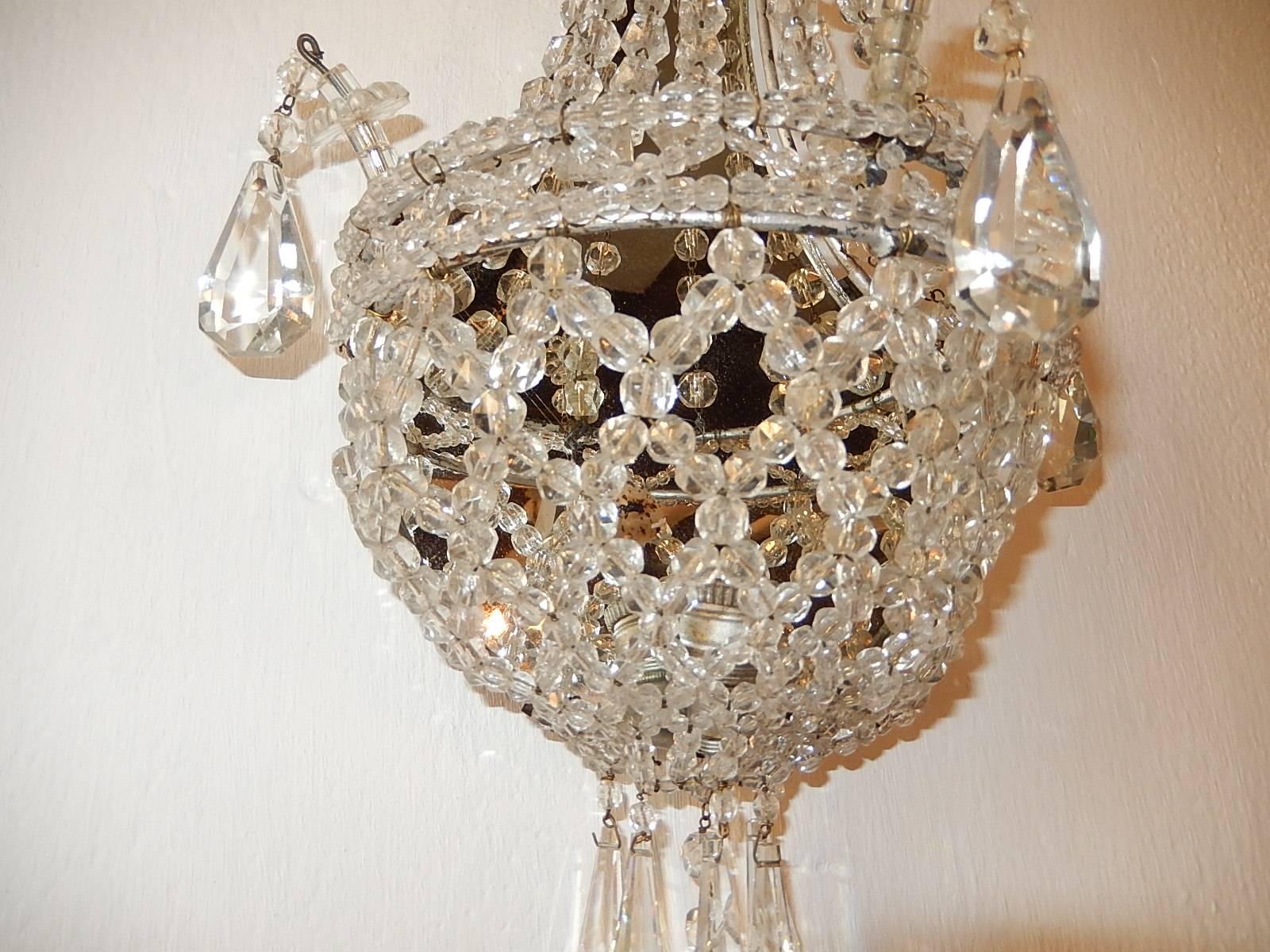 Mid-20th Century Crystal Beaded Basket with Prisms and Mirrors Sconces