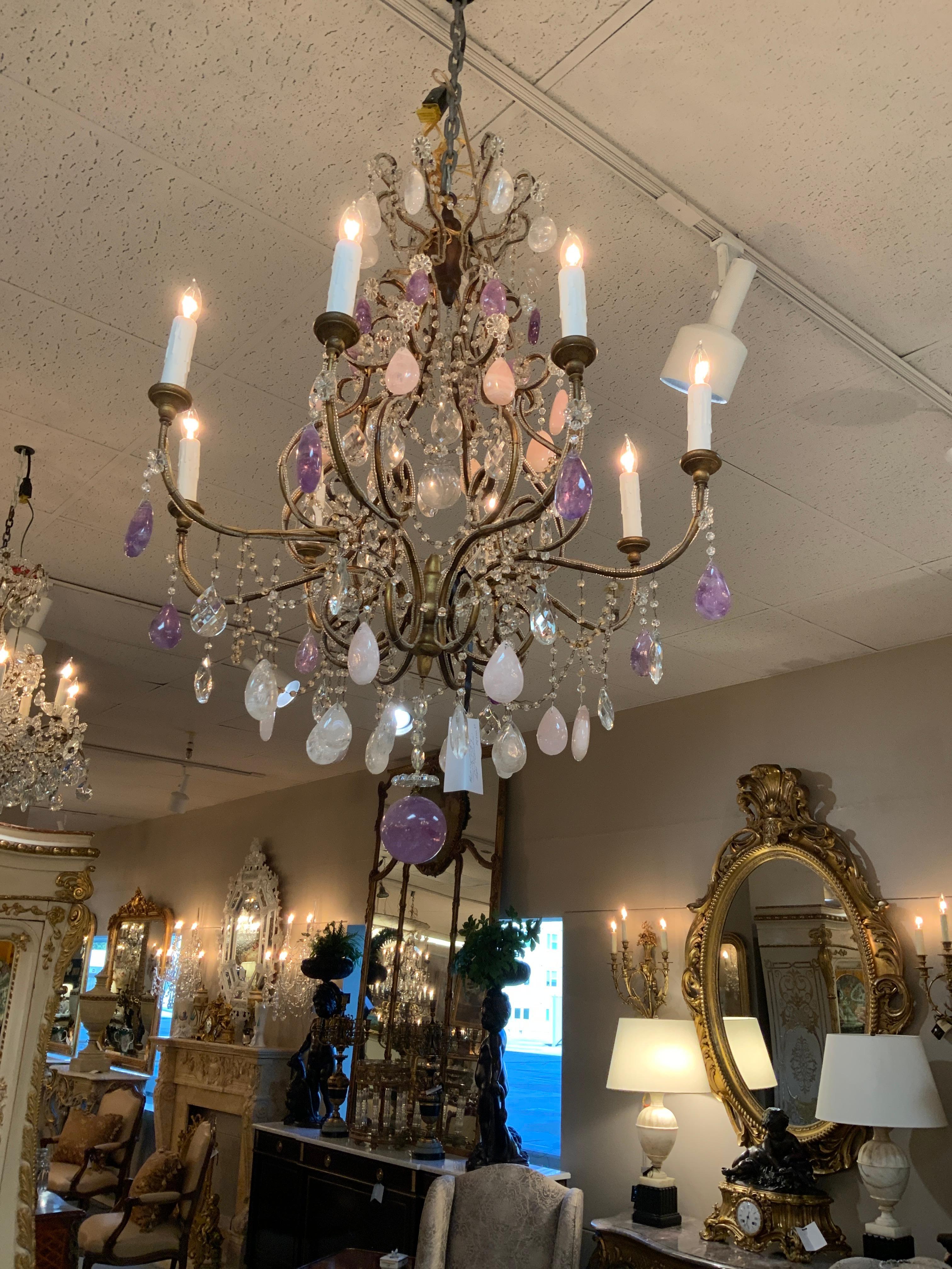 Kristallperlen-Kronleuchter mit Rosenquarz-Amythen und Bergkristall-Prismen im Angebot 2