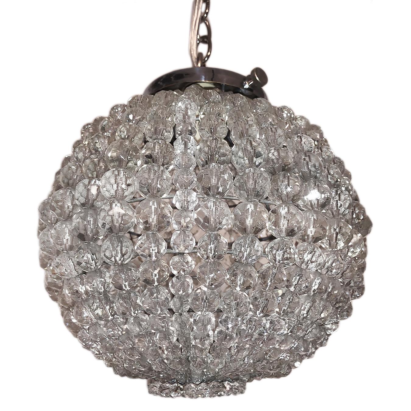 A circa 1940's French crystal beaded lantern with nickel-plated hardware.

Measurements:
Minimum drop 10