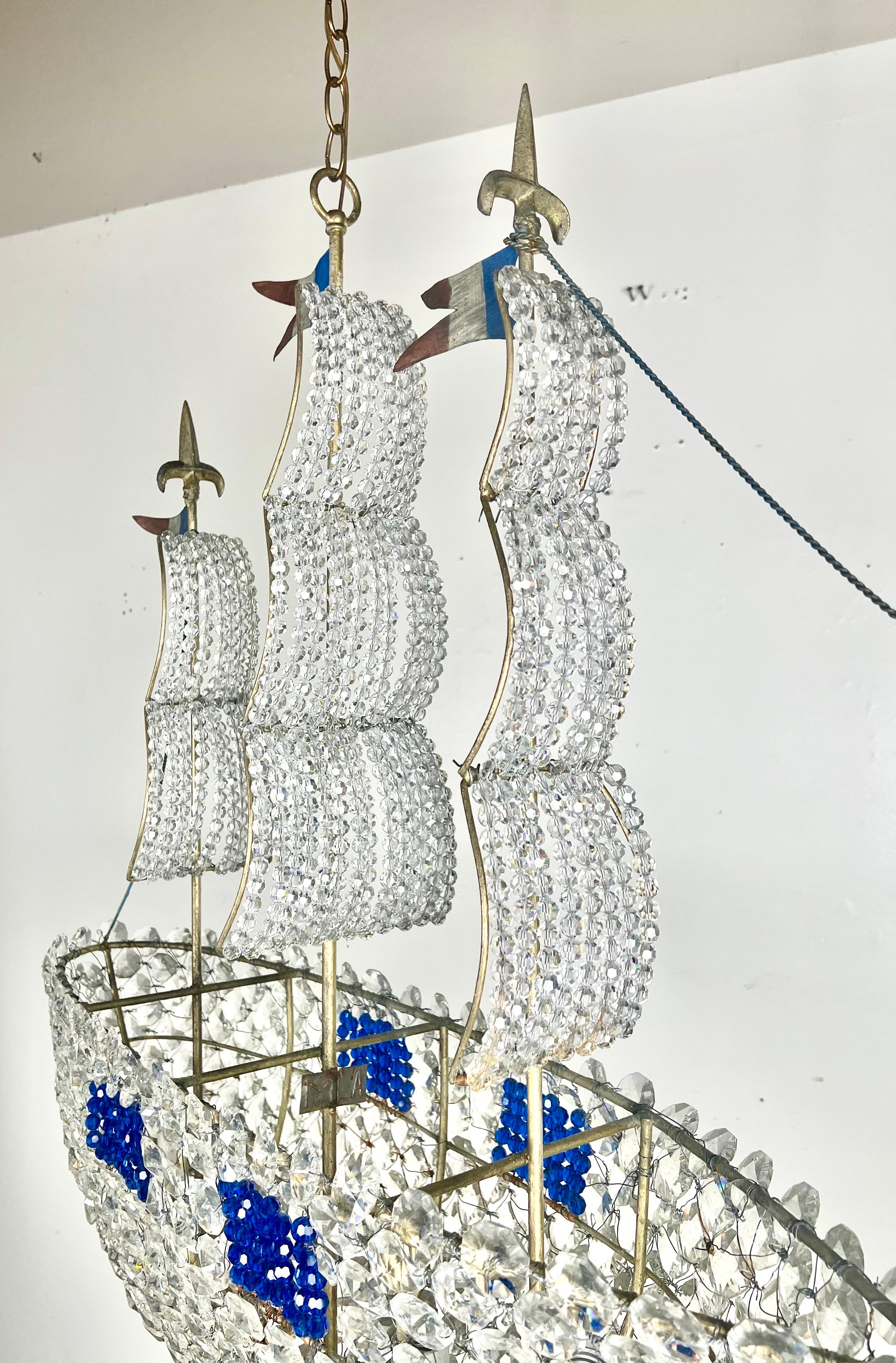 Metal Crystal Beaded Ship Chandelier by Melissa Levinson For Sale