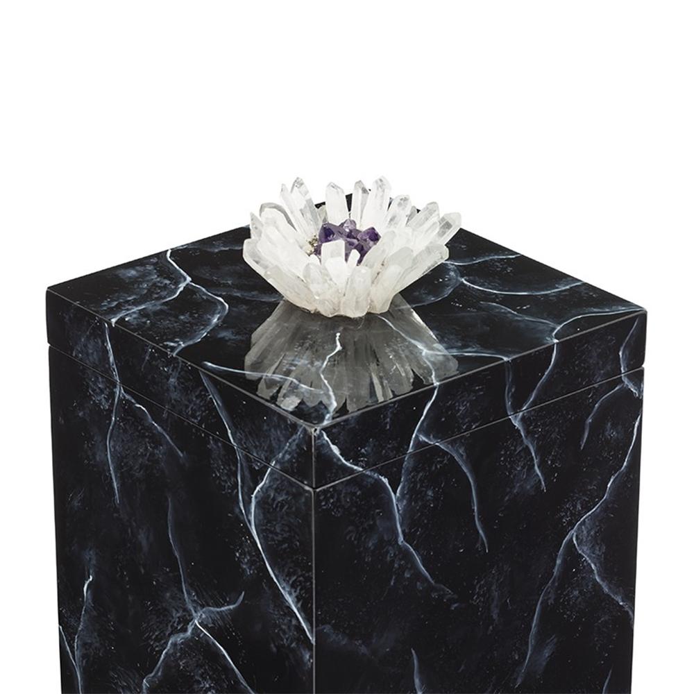 Box crystal black with hand painted wooden structure
in marble style finish. With lid decorated with natural crystal
sticks and amethyst stone. With polished metal feet.