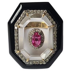 Crystal, Black Onyx, Ruby & Diamonds Victorian, Art-Deco Style Cocktail Ring