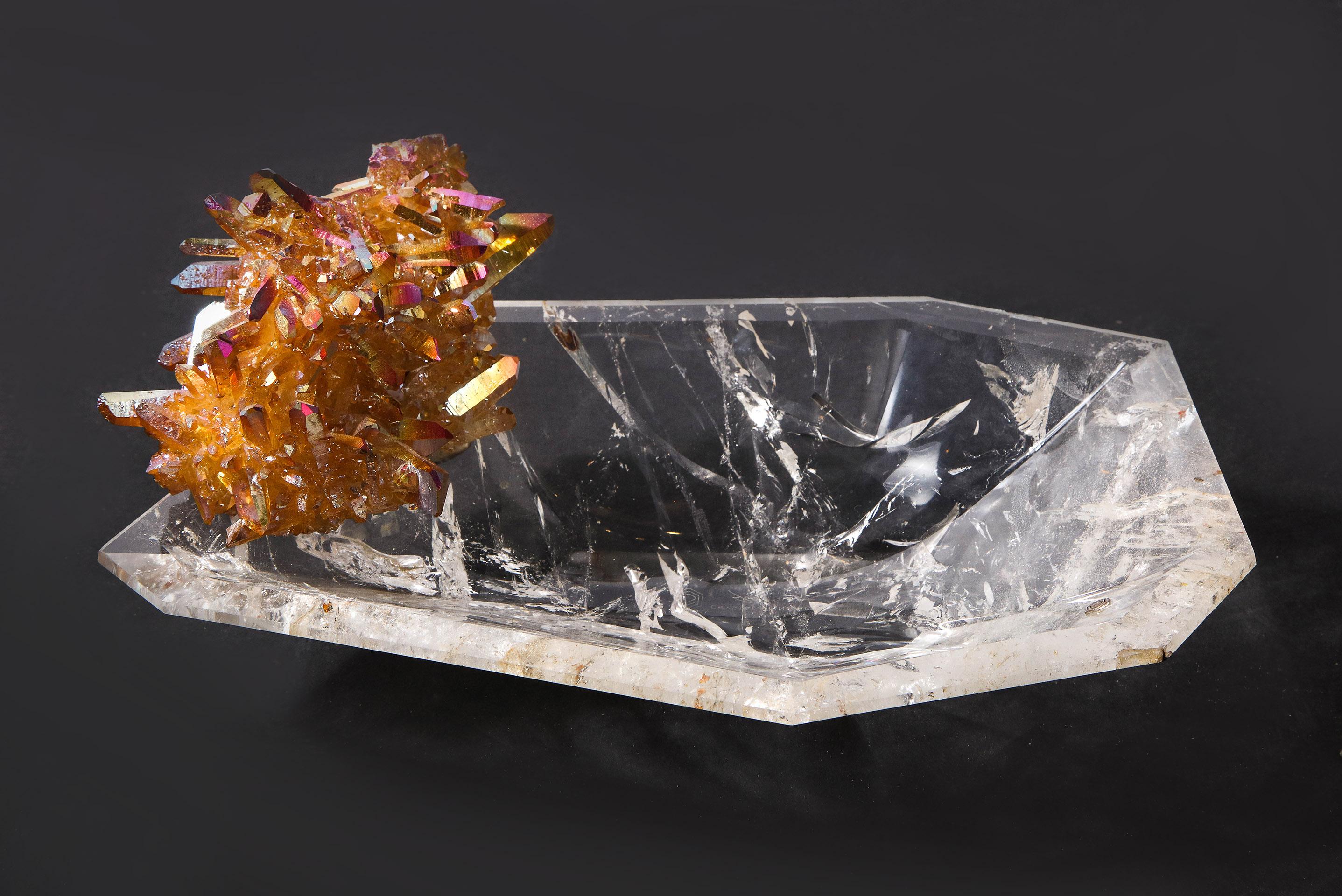 Hand carved quartz crystal bowl with sunshine aura quartz, amethyst, apatite, mystic topaz, and druzy.