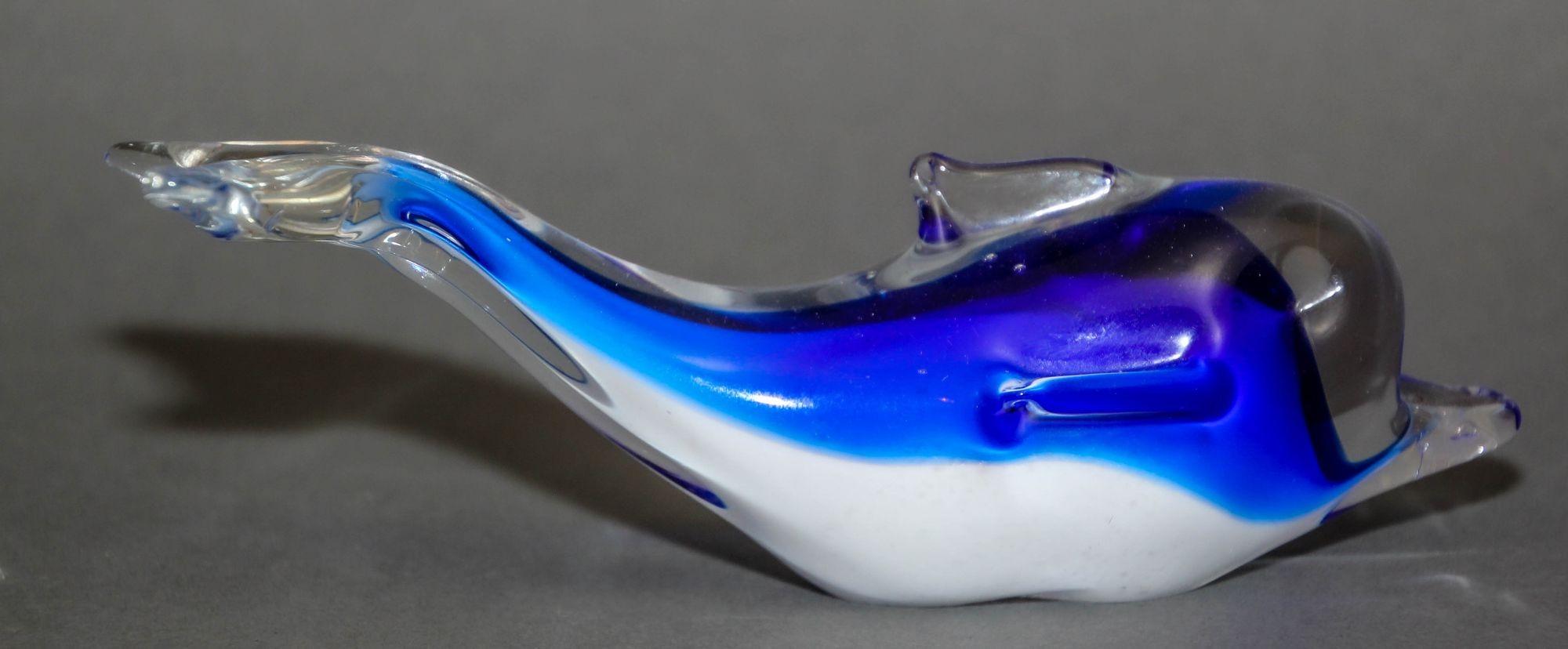 Italian Crystal Blue Dolphin Murano Art Glass Paperweight For Sale