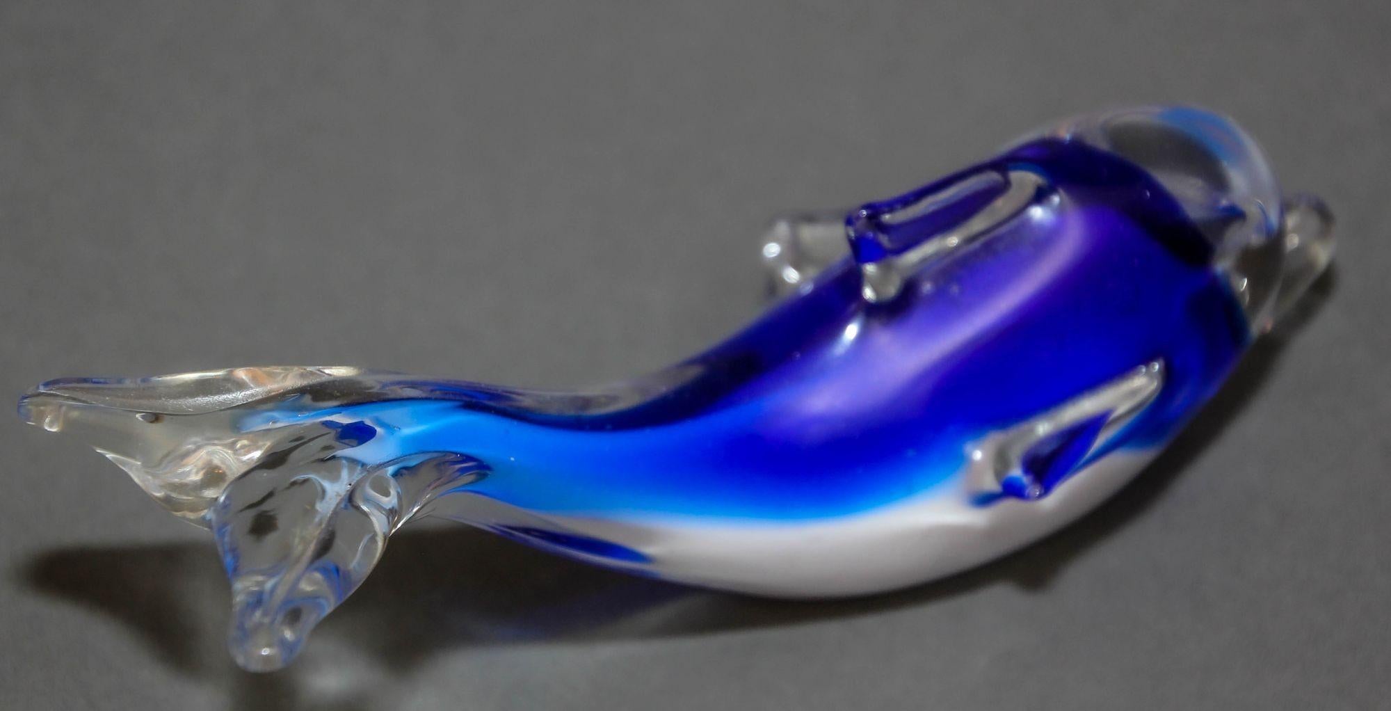 Hand-Crafted Crystal Blue Dolphin Murano Art Glass Paperweight For Sale