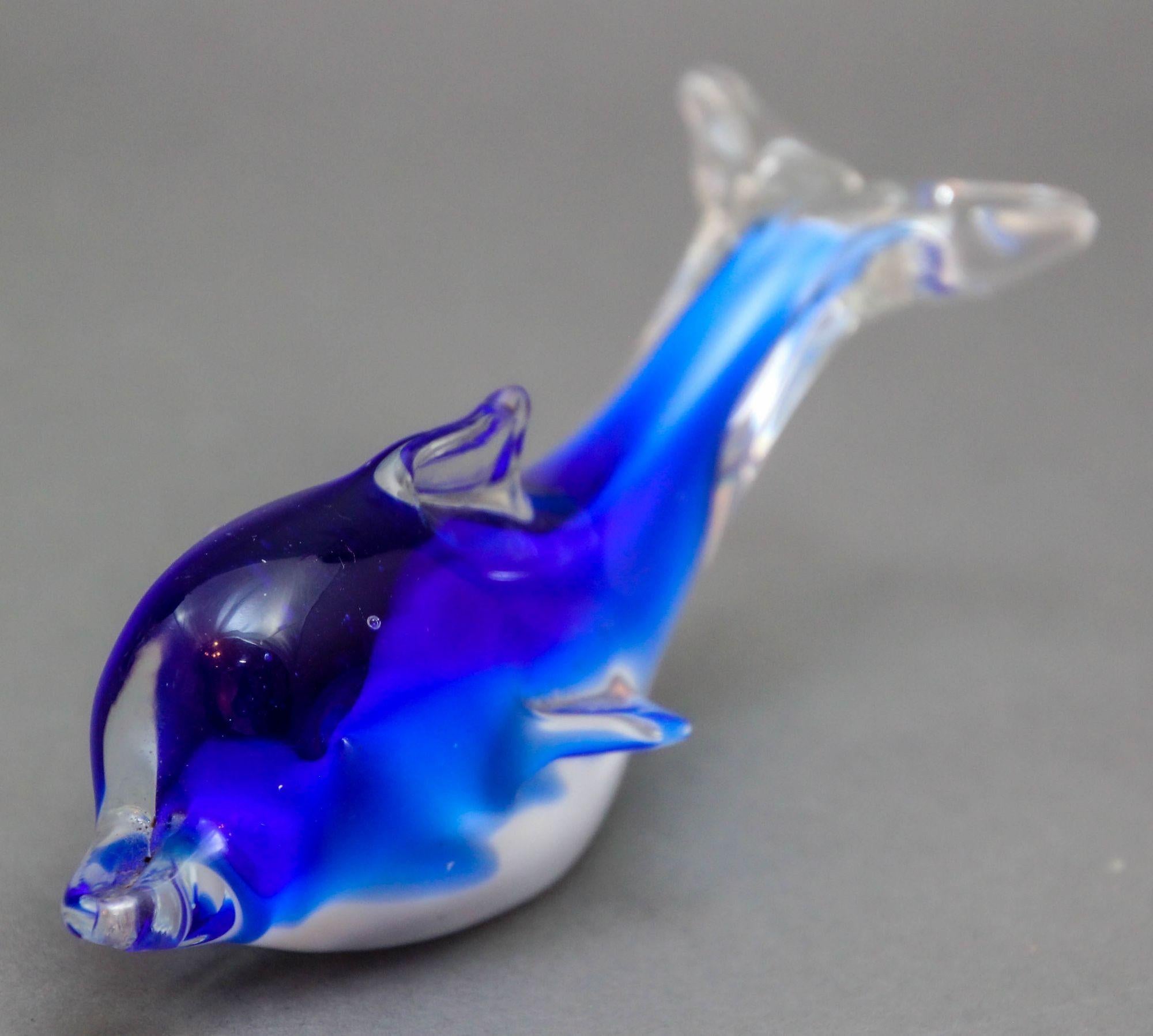 Crystal Blue Dolphin Murano Art Glass Paperweight For Sale 1