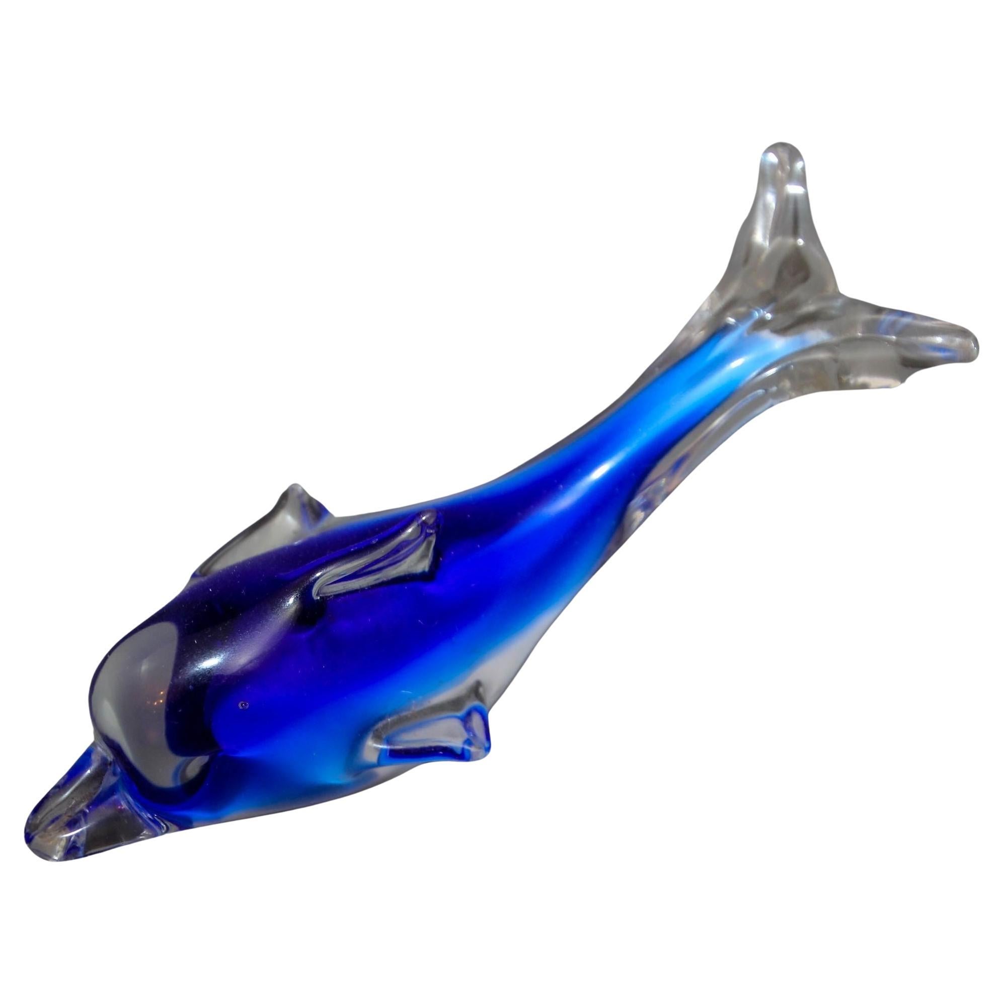 Crystal Blue Dolphin Murano Art Glass Paperweight For Sale