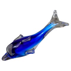 Crystal Blue Dolphin Murano Art Glass Paperweight